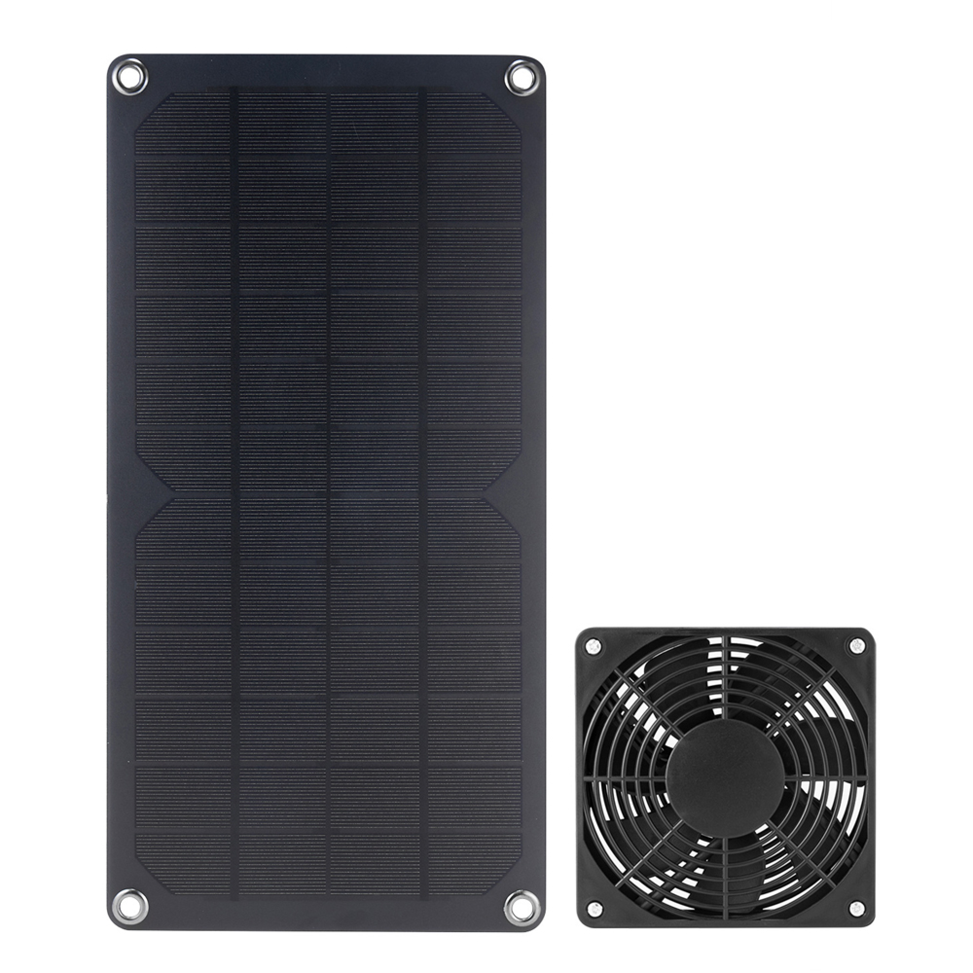 Ein schwarzes Solarpanel und ein schwarzer Lüfter nebeneinander auf weißem Hintergrund.
