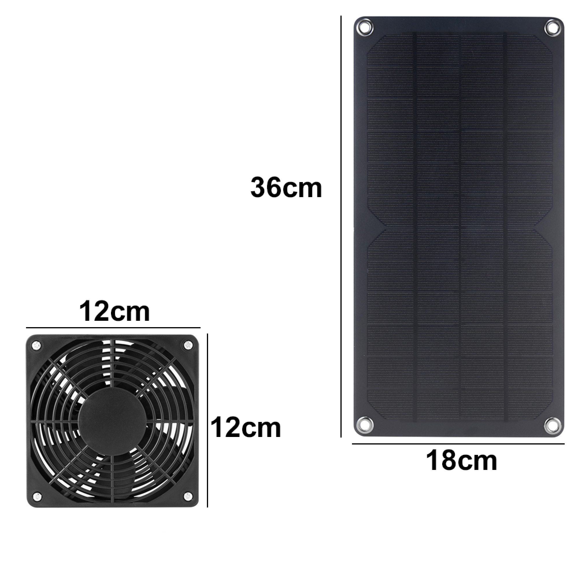 Ein schwarzer Lüfter (12x12cm) und ein schwarzes Solarpanel (18x36cm).