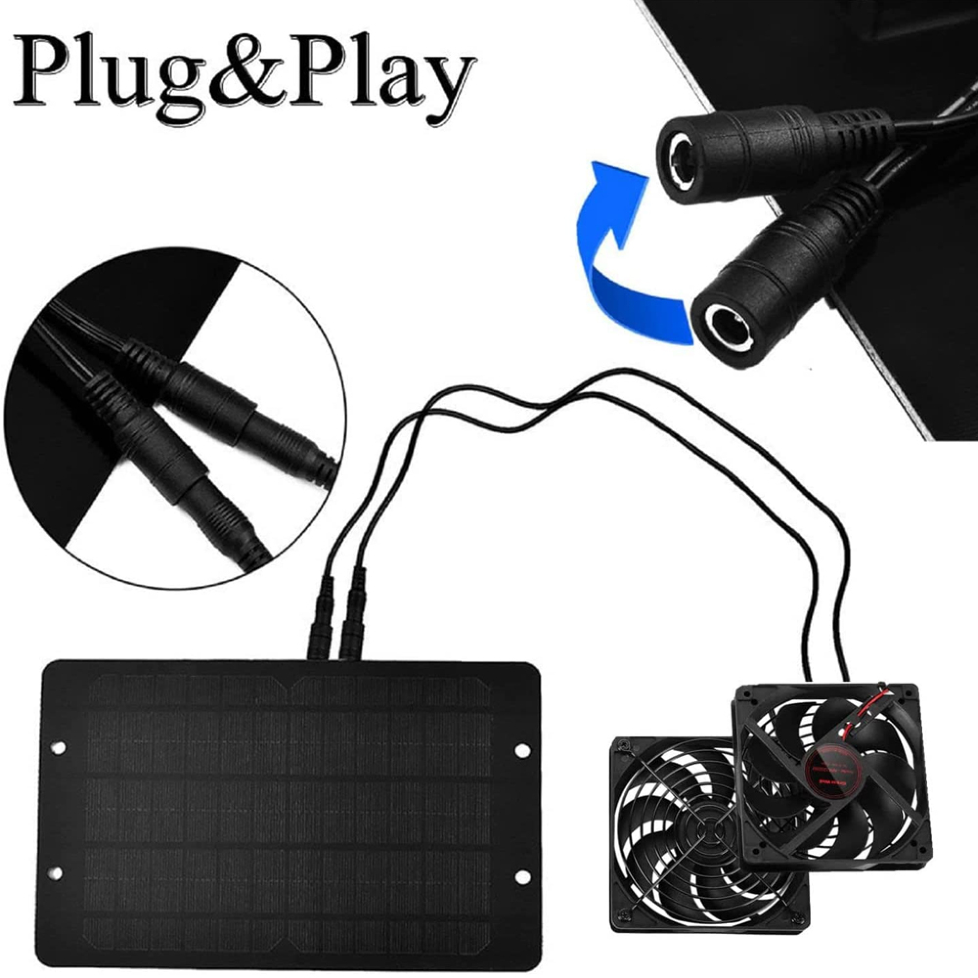 Ein schwarzes Solarpanel mit zwei Lüftern und Anschlusskabeln.
