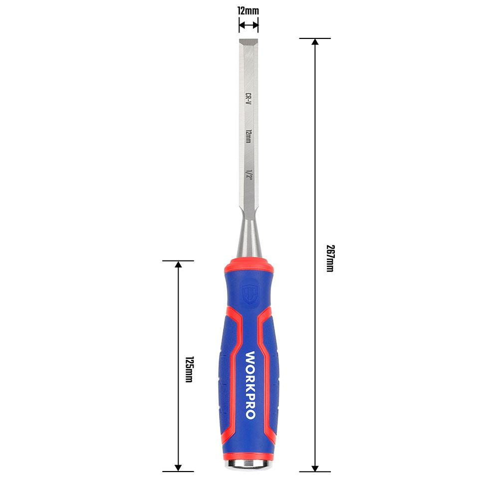 Mavi ve kırmızı saplı 12mm'lik bir keski, toplam uzunluk 267mm.