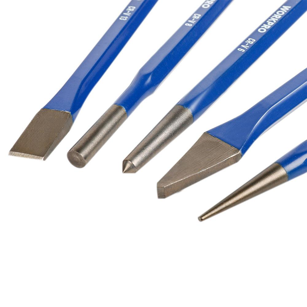 Eğimli ve sivri uçlu mavi saplı metal keski ve zımba seti.