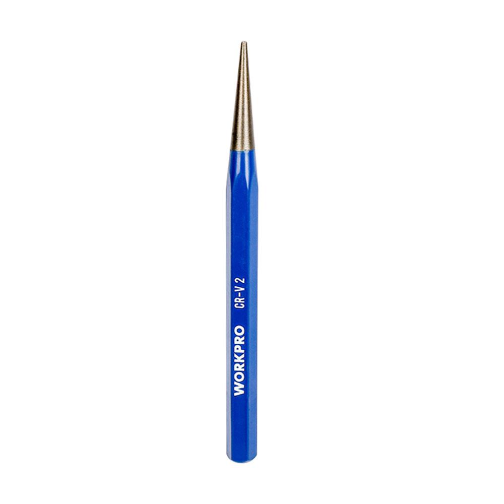 Sivri metal ucu olan mavi bir merkezleme zımbası, üzerinde WORKPRO CR-V 2 yazıyor.