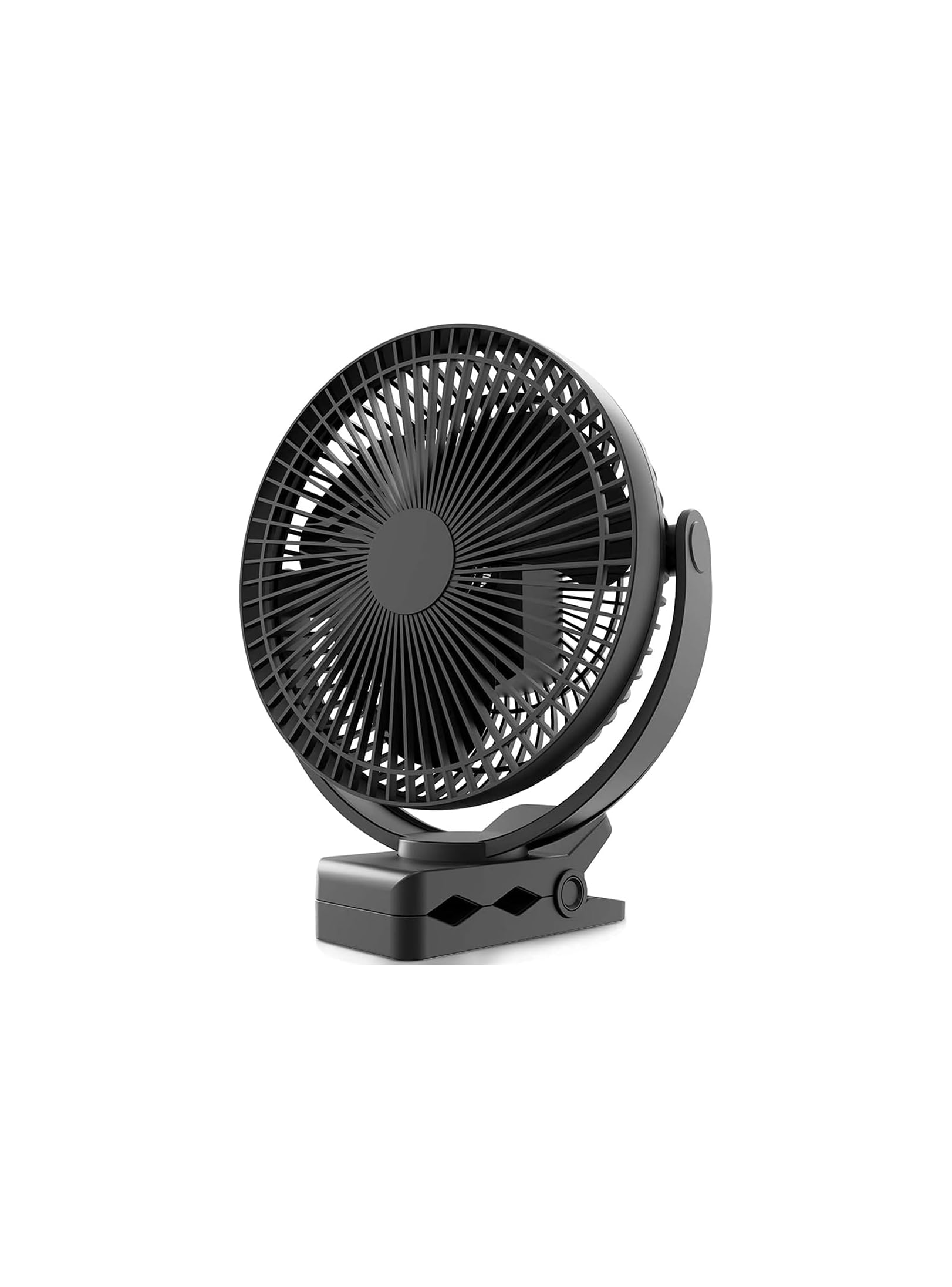 Ein schwarzer Clip-Ventilator mit schwenkbarem Kopf auf weißem Hintergrund.