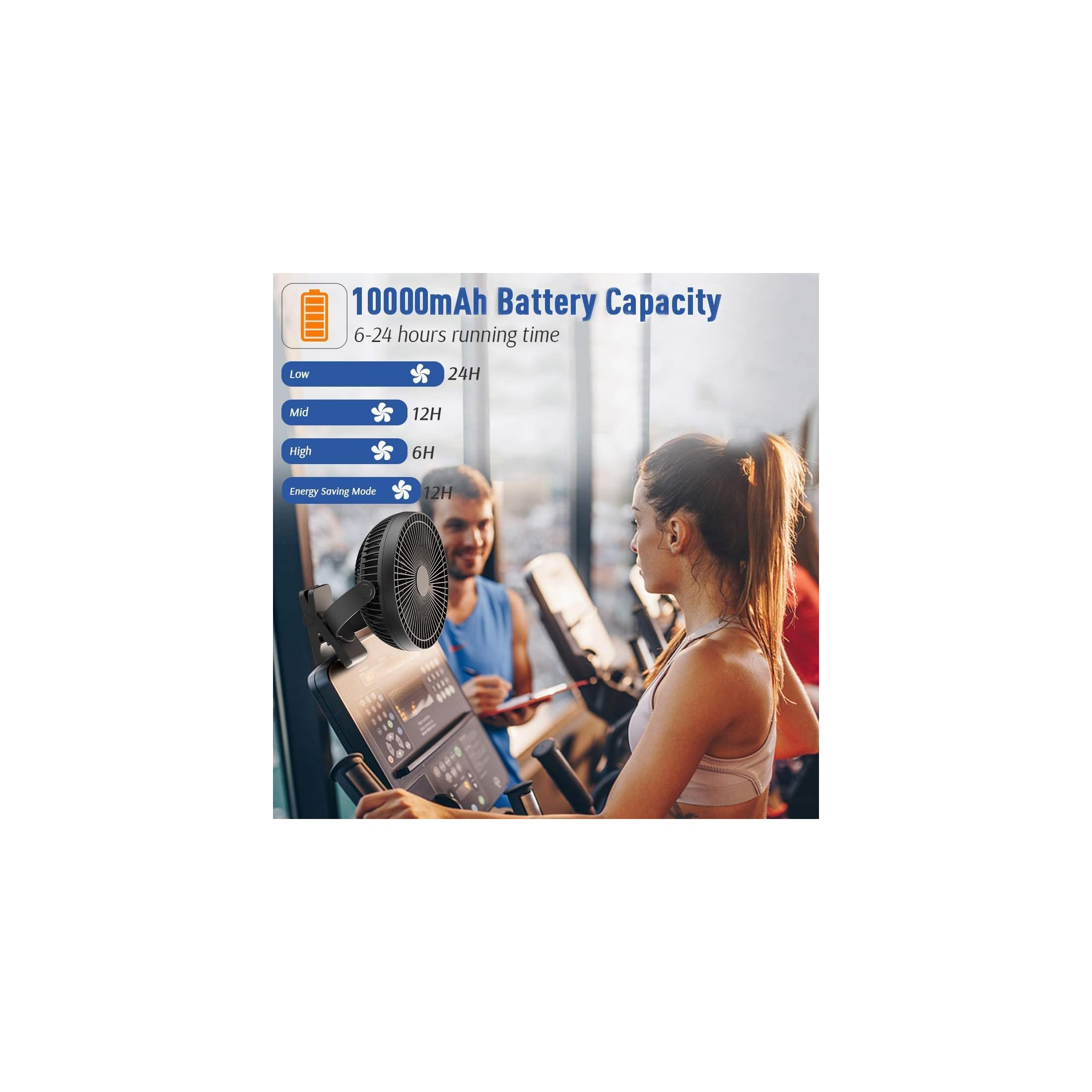Ein tragbarer Lüfter mit 10000mAh Akku auf einem Laufband im Fitnessstudio.