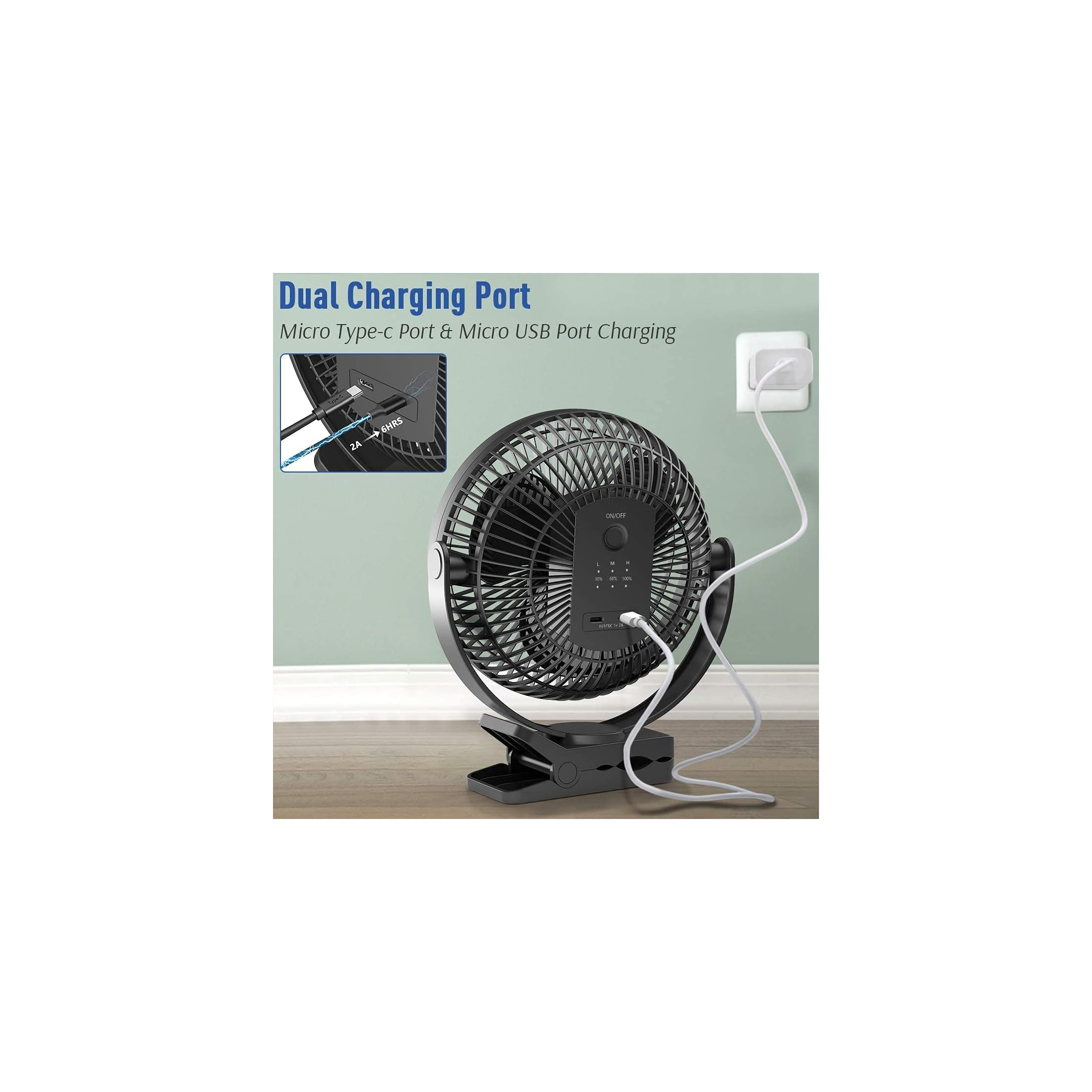 Ein schwarzer Clip-Ventilator mit Ladeanzeigen und USB-Anschluss.