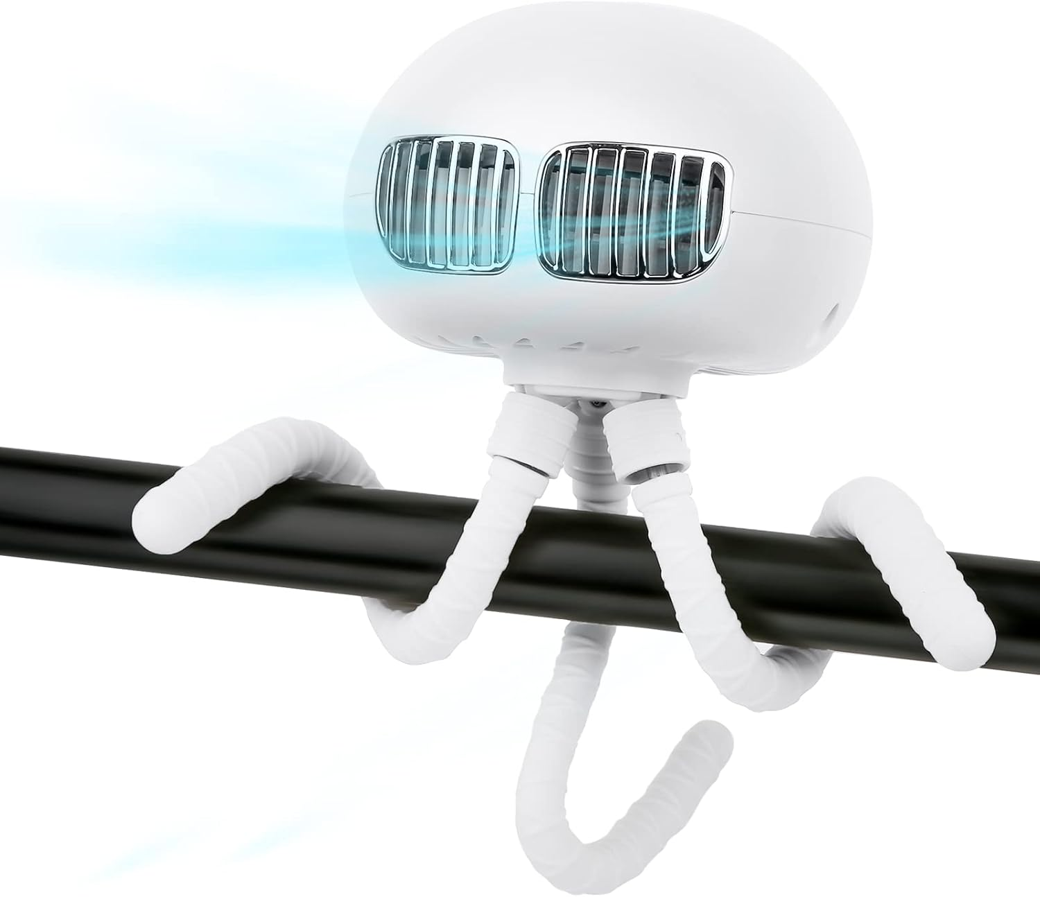 Ein weißer Ventilator mit flexiblen Armen hält sich an einer schwarzen Stange fest.