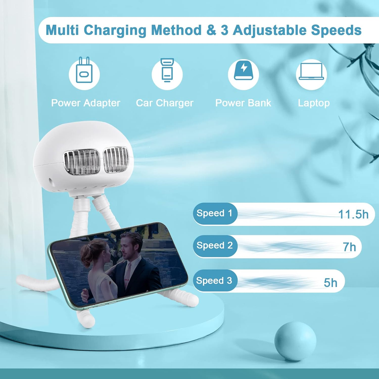 Ein weißer Ventilator mit flexiblem Ständer hält ein Smartphone, das einen Film zeigt.