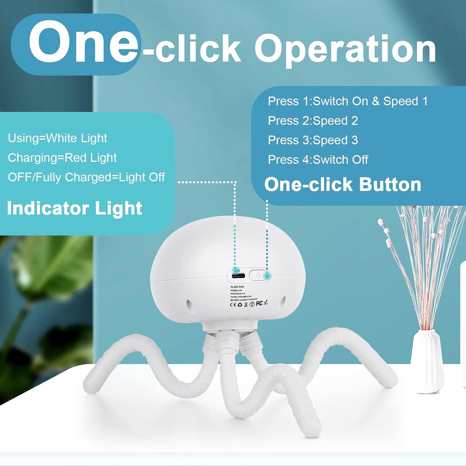 Weißer Oktopus-Ventilator mit flexiblen Beinen. Zeigt Kontrollleuchte und Ein-Klick-Tastenbedienung.