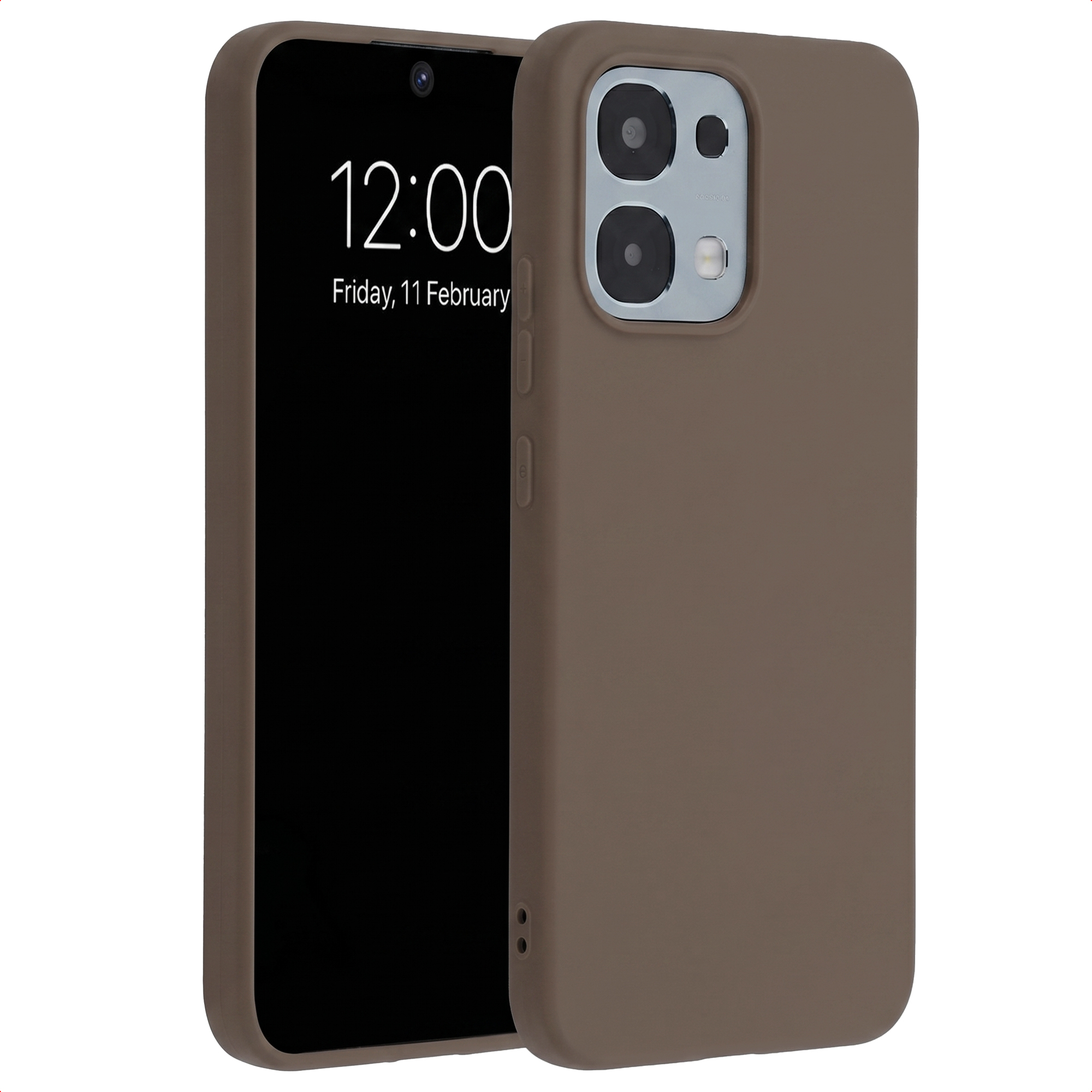 Een bruine telefoon met een hoesje met een cameramodule.