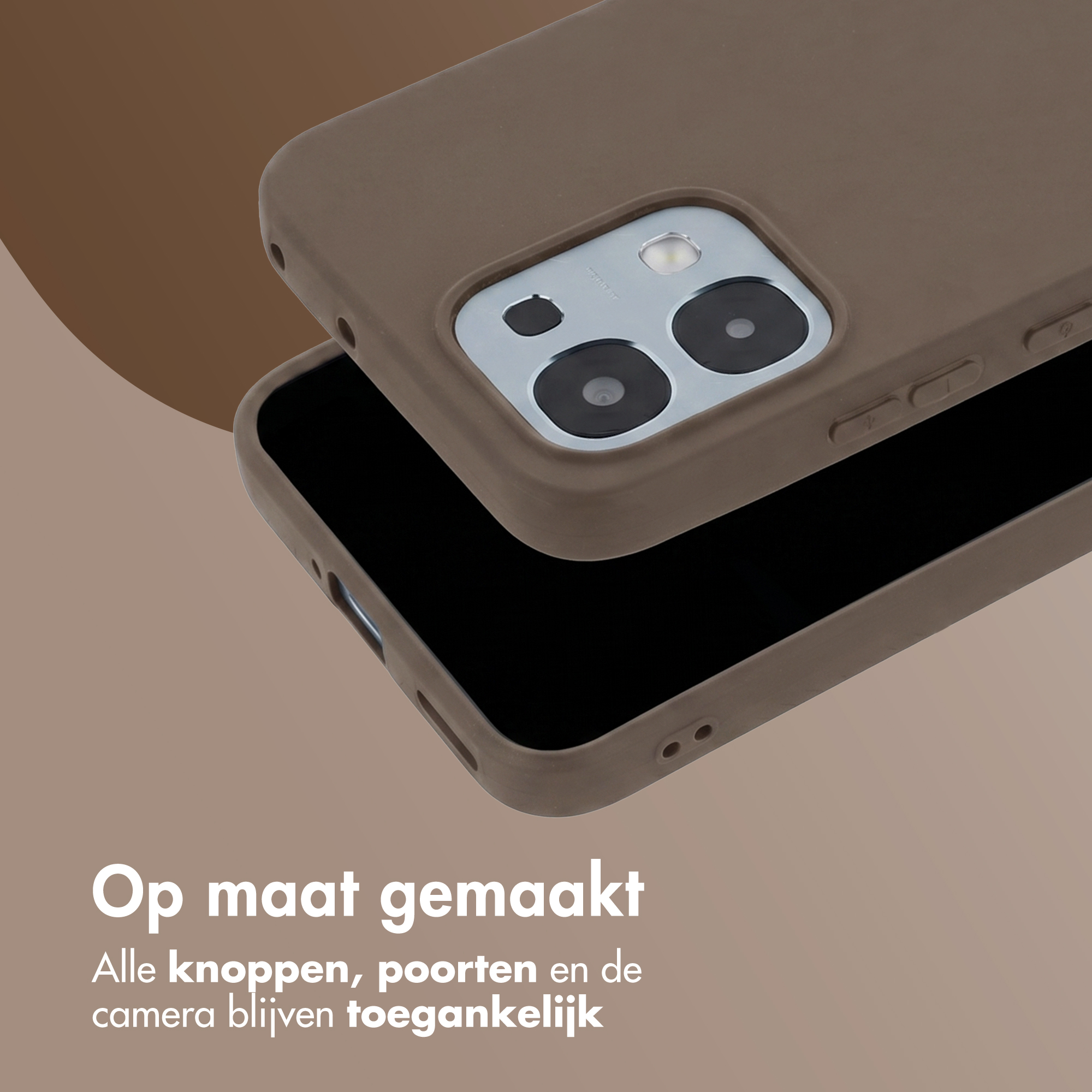 Bruine telefoonhoes over een smartphone, focus op camera en knoppen.