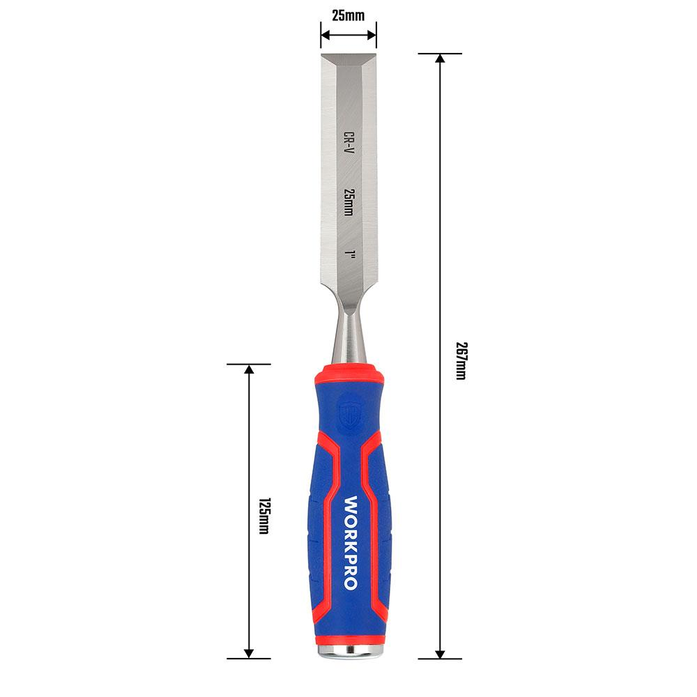 Mavi ve kırmızı saplı bir keski, 25 mm genişliğinde, 267 mm uzunluğunda.