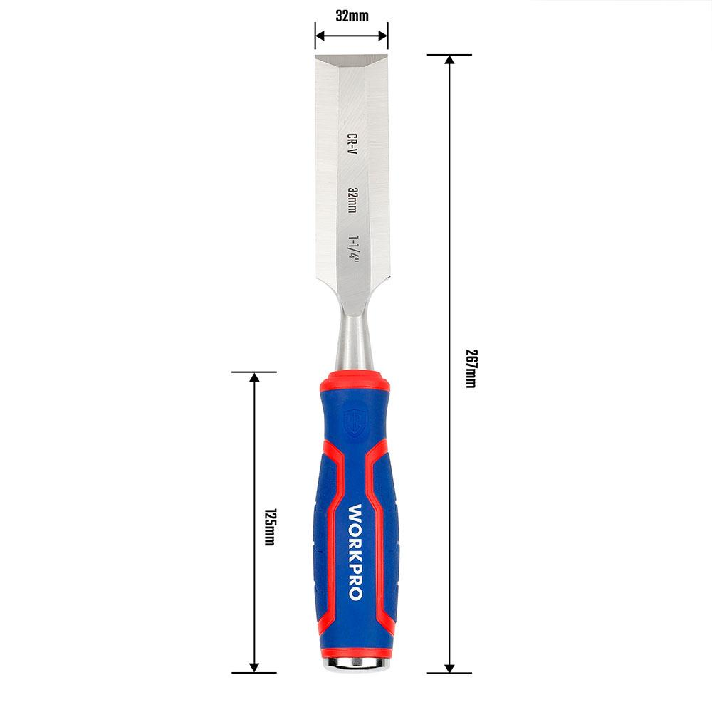 32mm bıçaklı ve mavi/kırmızı saplı bir WORKPRO iskarpela gösterilmektedir. Boyutlar işaretlenmiştir.