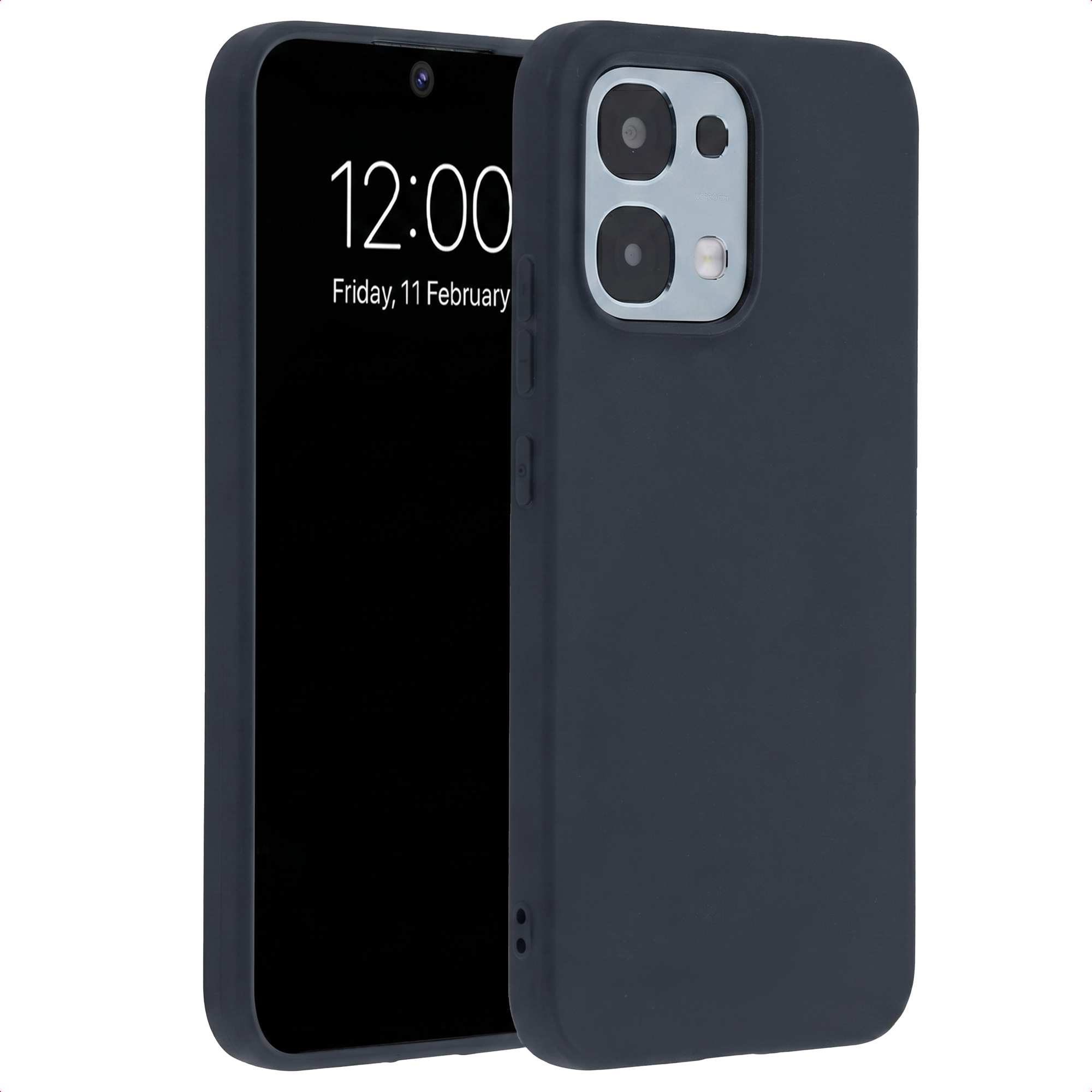 Donkergrijs telefoonhoesje met camera-uitsparing en zijknopjes. Links een smartphone.