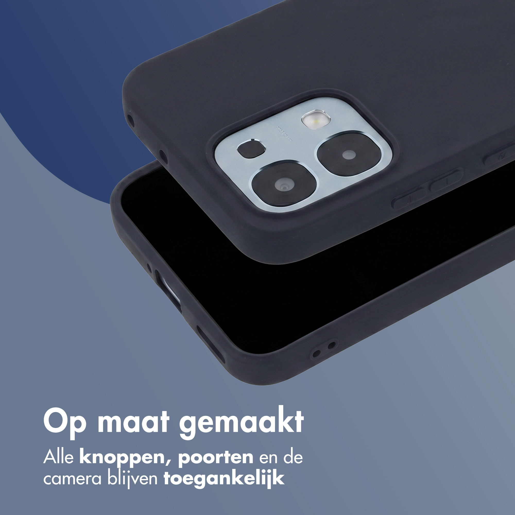 Donkergrijze telefoonhoes over een smartphone, met de camera-uitsparing zichtbaar.