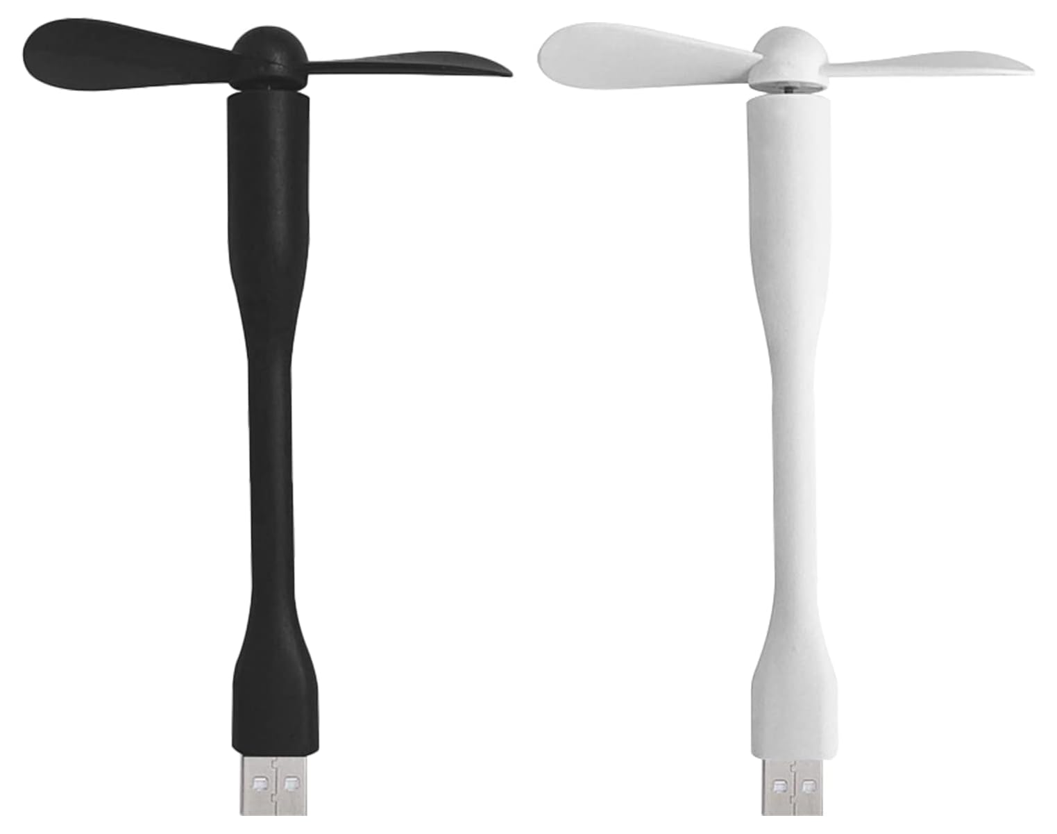 Ein schwarzer und ein weißer USB-Ventilator nebeneinander auf weißem Grund.