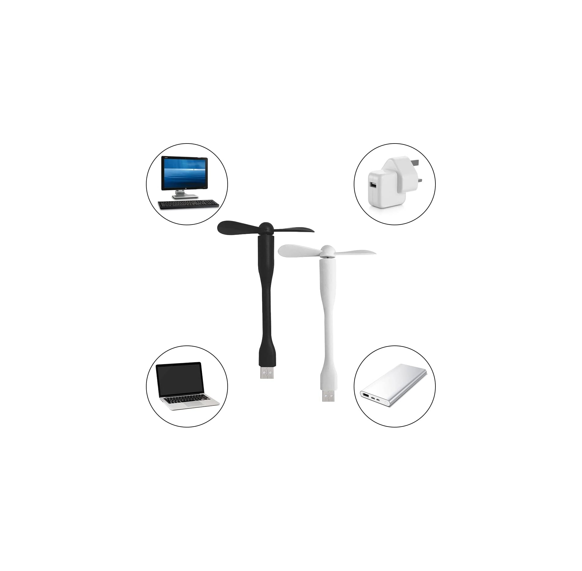 Zwei USB-Ventilatoren, schwarz und weiß, mit einem Laptop, Monitor und Ladegerät.