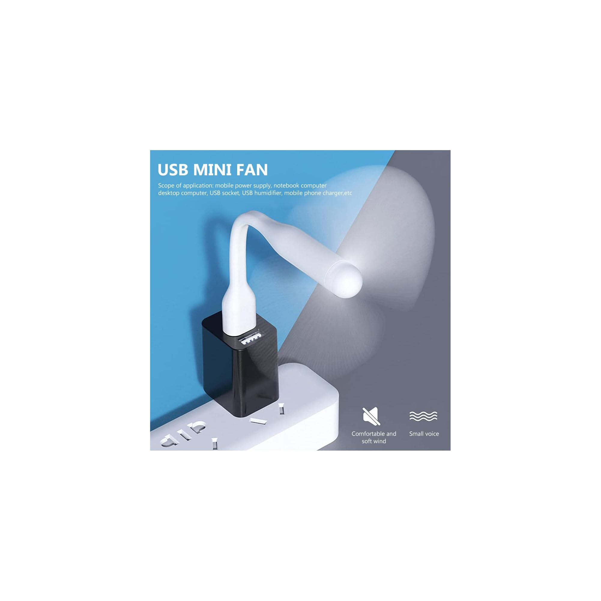 Ein kleiner weißer USB-Ventilator steckt in einem schwarzen Netzteil.