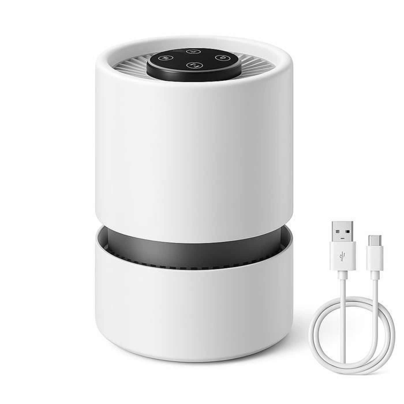 Ein weißer zylindrischer Luftreiniger mit schwarzen Bedienelementen und ein weißes USB-Kabel.