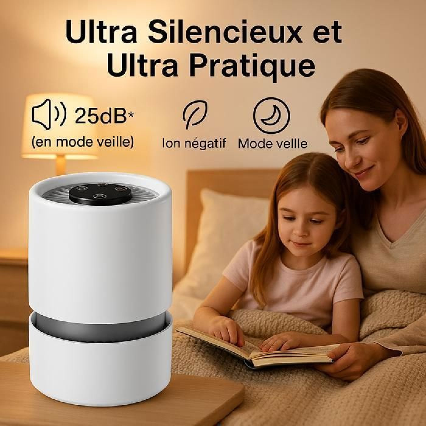 Ein weißer Luftreiniger steht neben einer Mutter und einem Kind, die im Bett lesen.