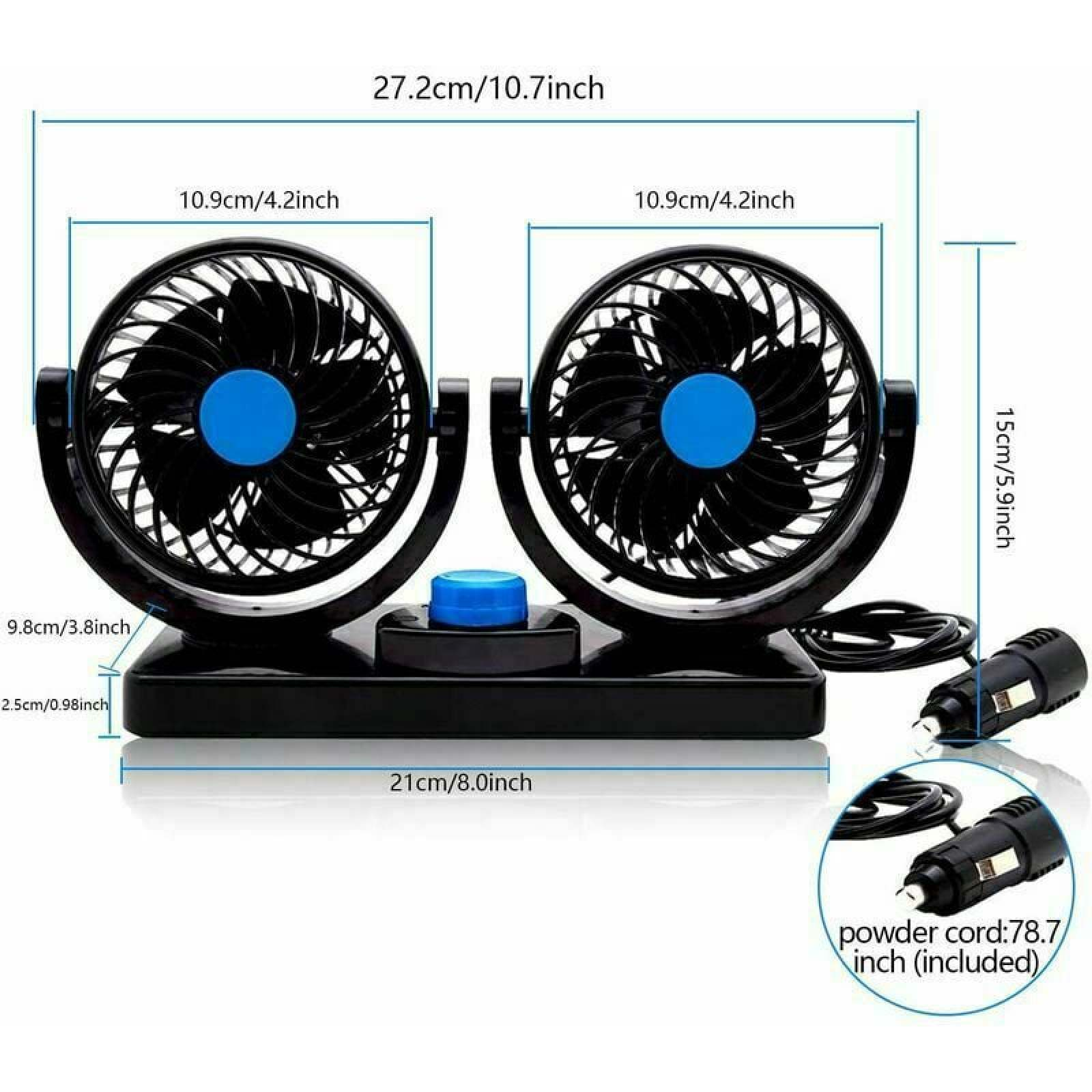 Ein schwarzer Doppelventilator mit blauen Akzenten und Maßen.