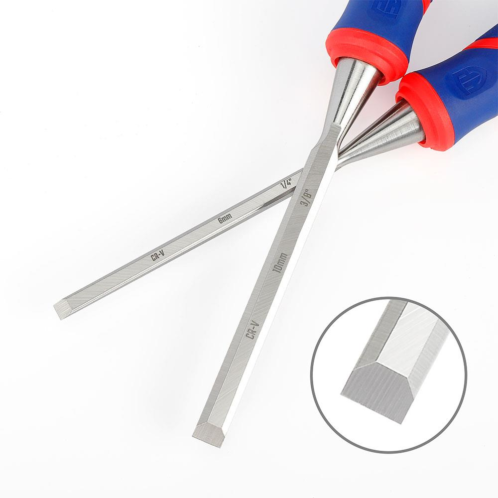 Mavi ve kırmızı saplı iki keski. Biri 6mm, diğeri 10mm.