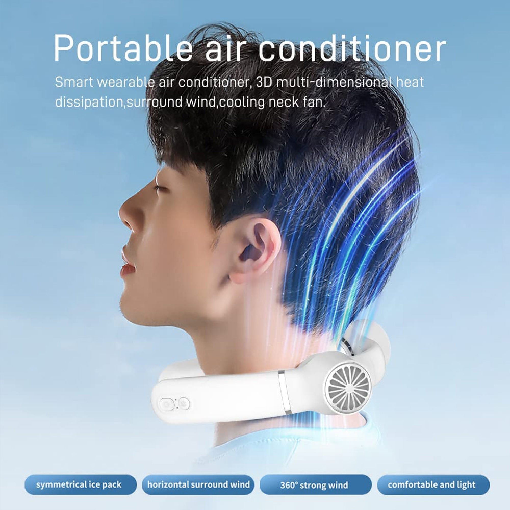 Ein Mann trägt einen weißen Nackenventilator mit blauen Luftstrom-Effekten.