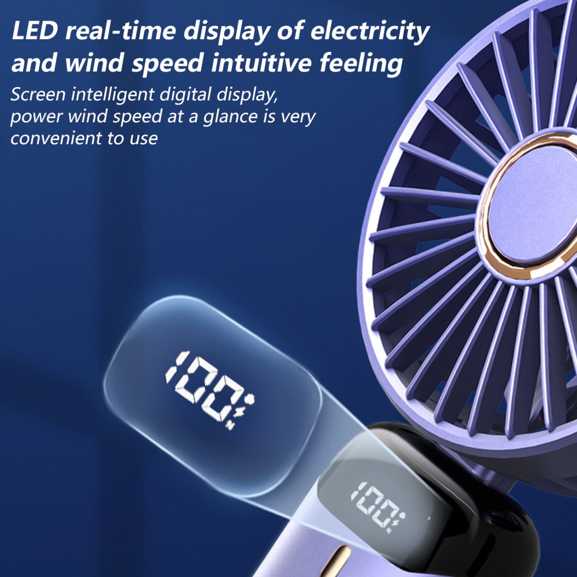 Ein violetter Ventilator mit LED-Anzeige zeigt 100 an.