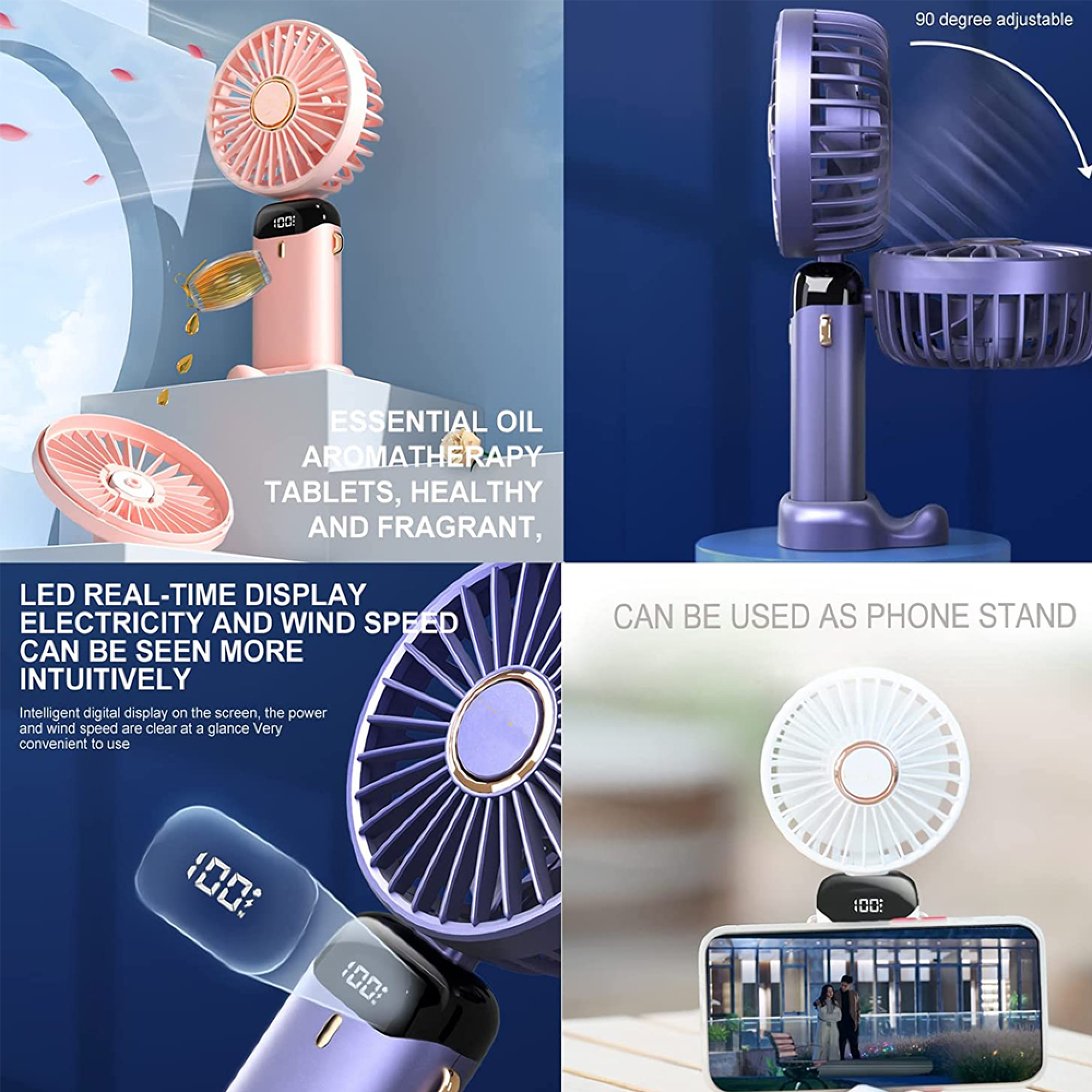 Ein rosa Ventilator mit ätherischem Öl, ein violetter Ventilator, der um 90 Grad verstellbar ist, und ein weißer Ventilator als Handyhalterung.