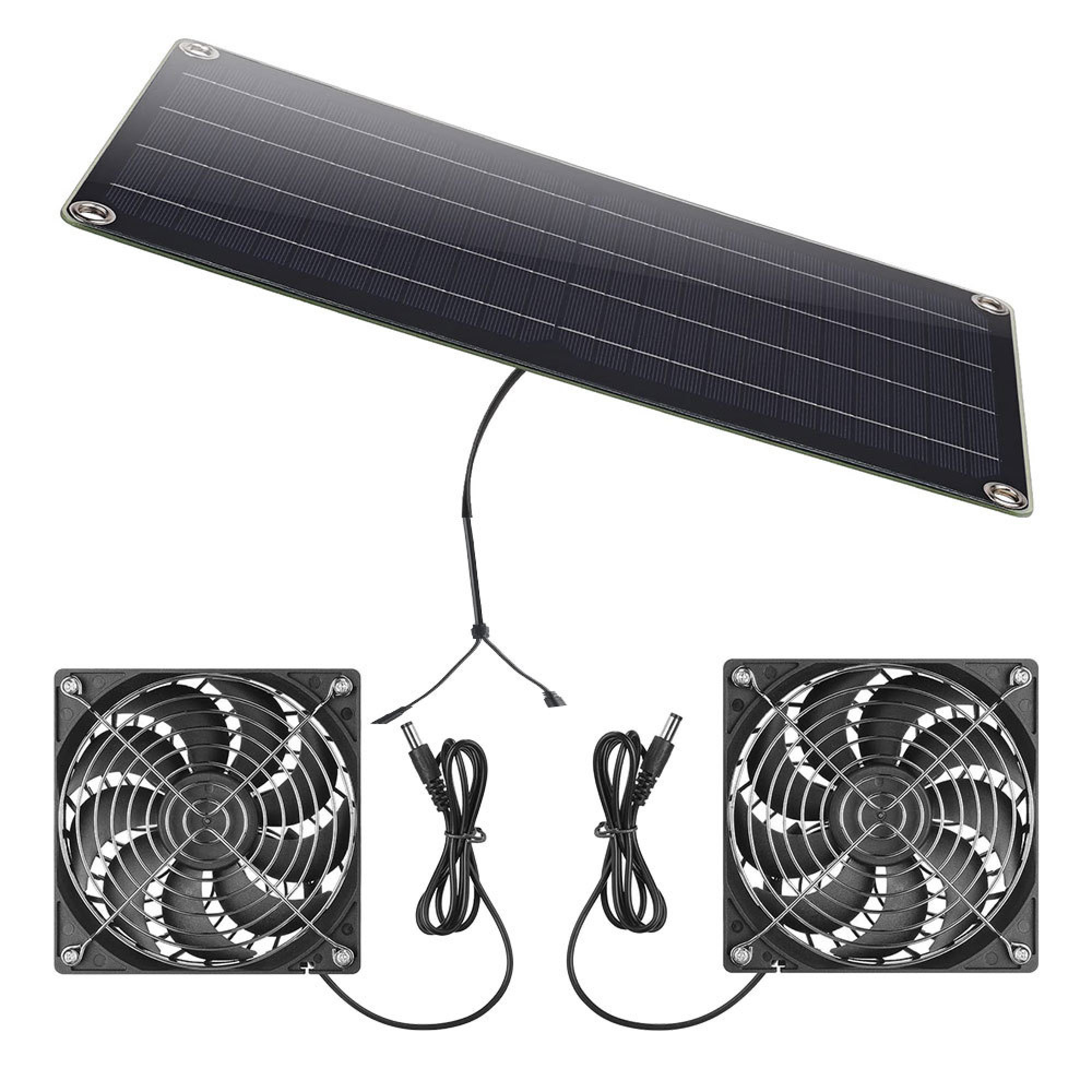 Ein Solarpanel mit zwei Lüftern und Kabeln.