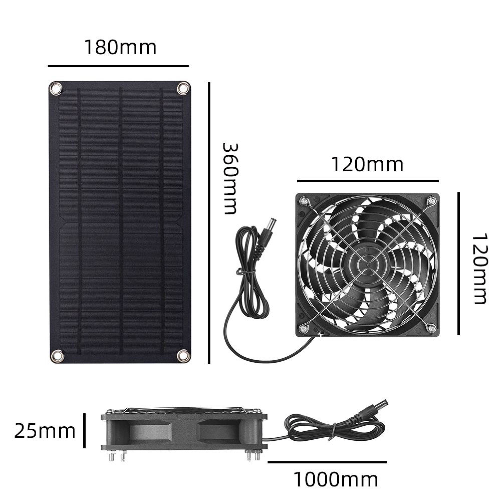 Schwarzes Solarpanel (180x360mm) und ein Lüfter (120x120mm) mit Kabeln.