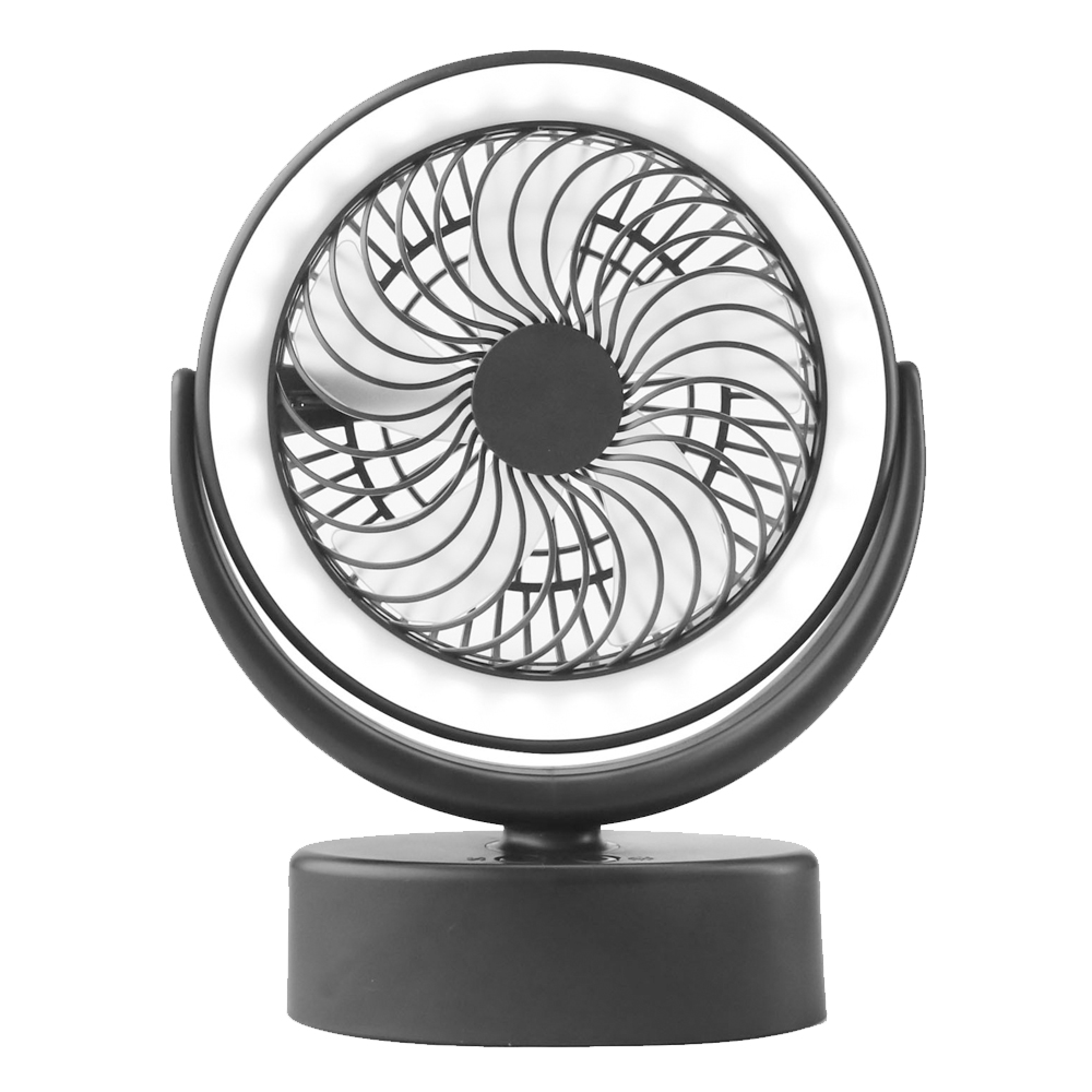 Ein schwarzer Ventilator mit einem Ringlicht auf einem runden Sockel.