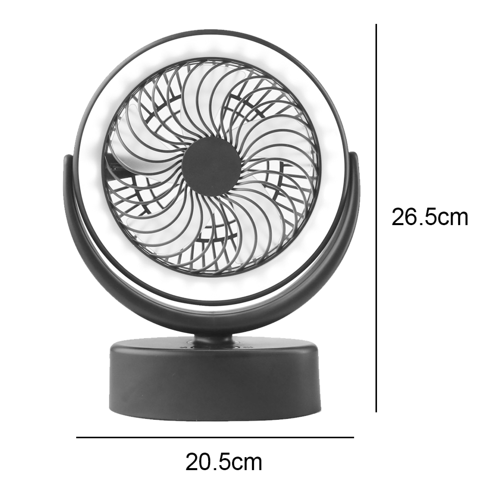 Ein schwarzer Tischventilator mit Ringlicht und abgerundeter Basis.