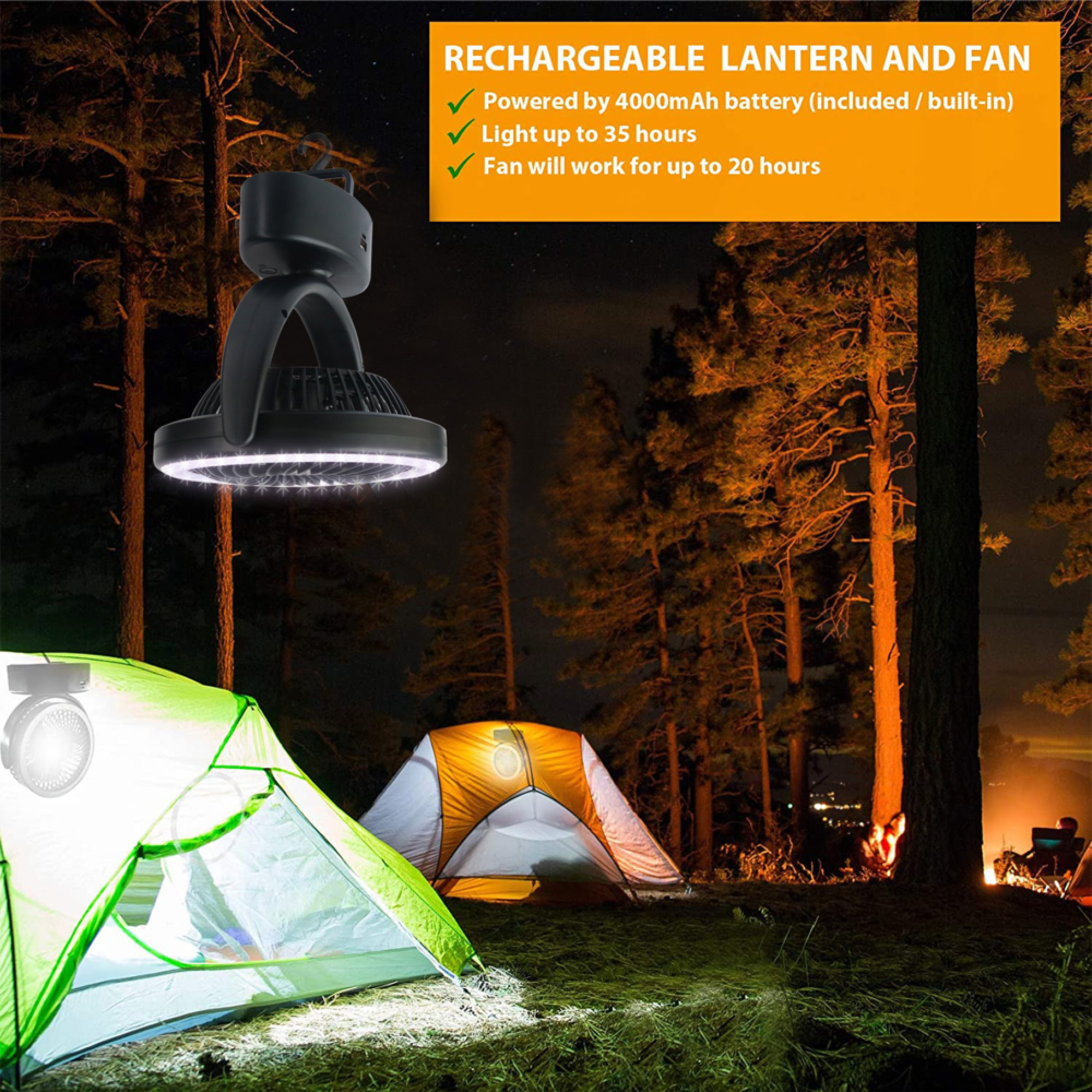 Camping-Nacht mit Zelten, Laterne und Ventilator. Bäume im Hintergrund.