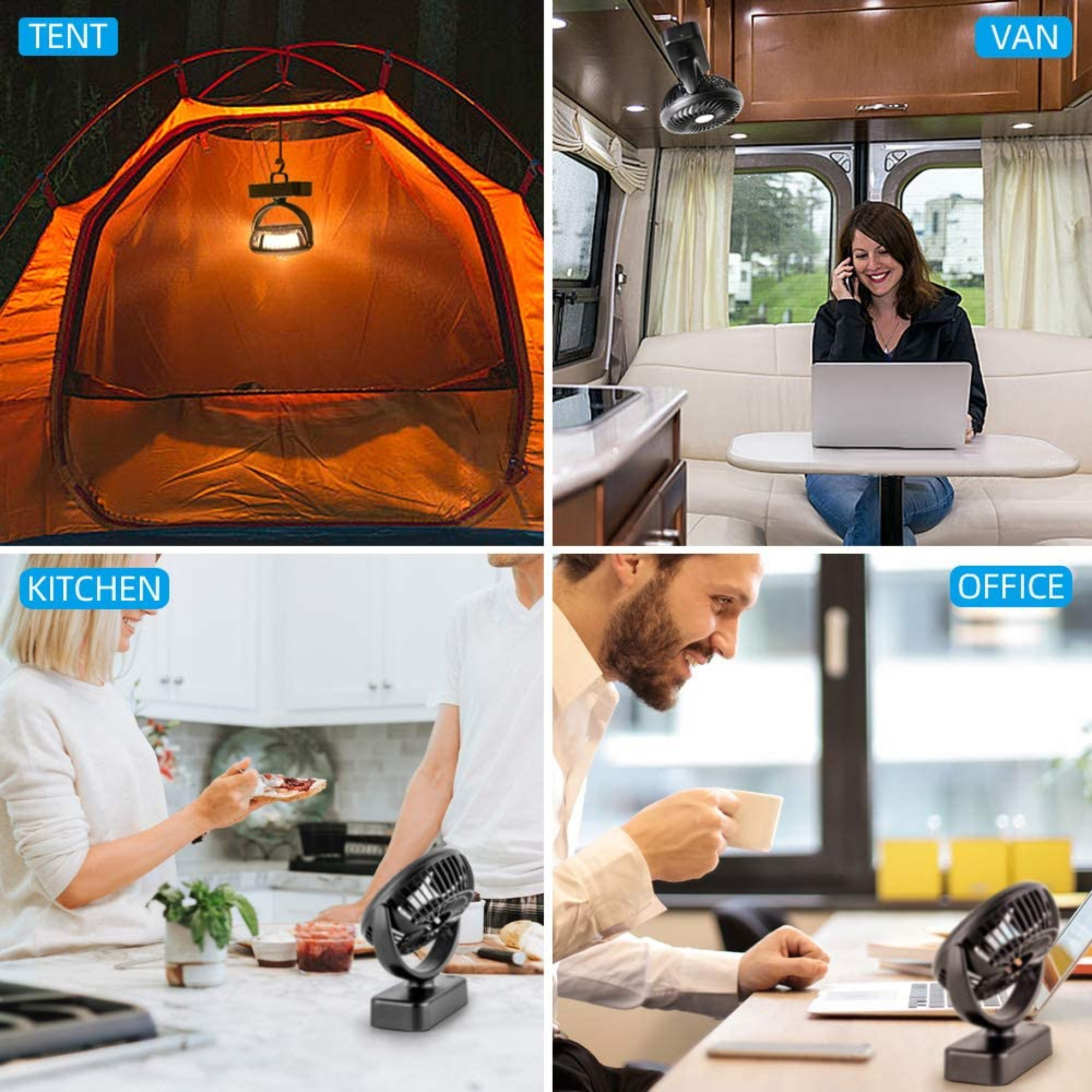 Vier Szenen: Zelt mit Lampe, Frau im Van mit Laptop, Kochen, Mann im Büro.