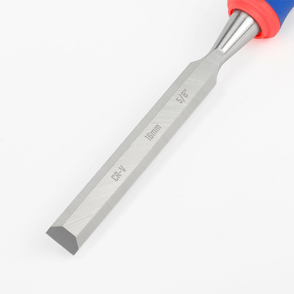 Gümüş metal bıçaklı bir keski, üzerinde 16mm ve 5/8 inç yazılı.