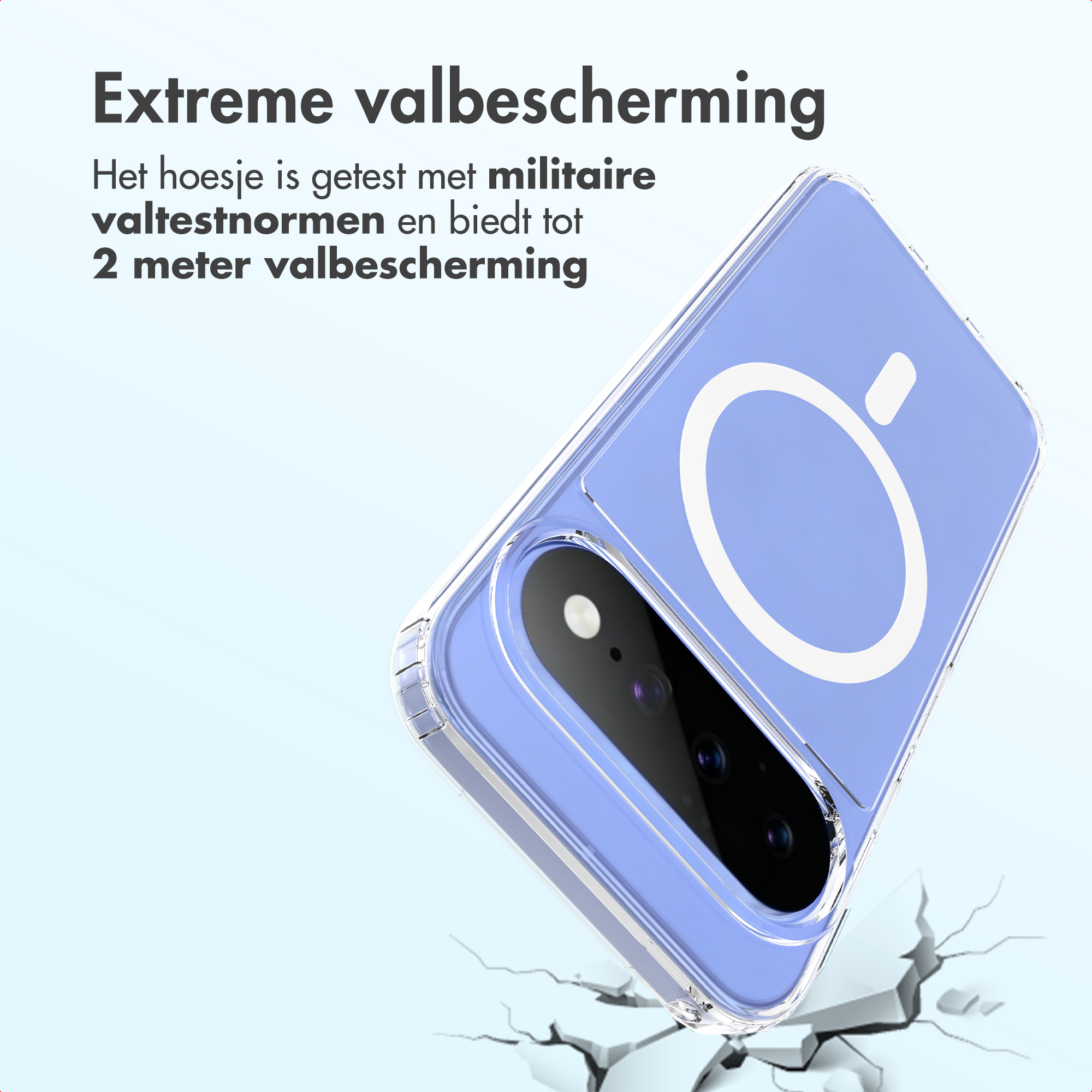 Custodia trasparente con anello MagSafe su sfondo blu, in caduta.