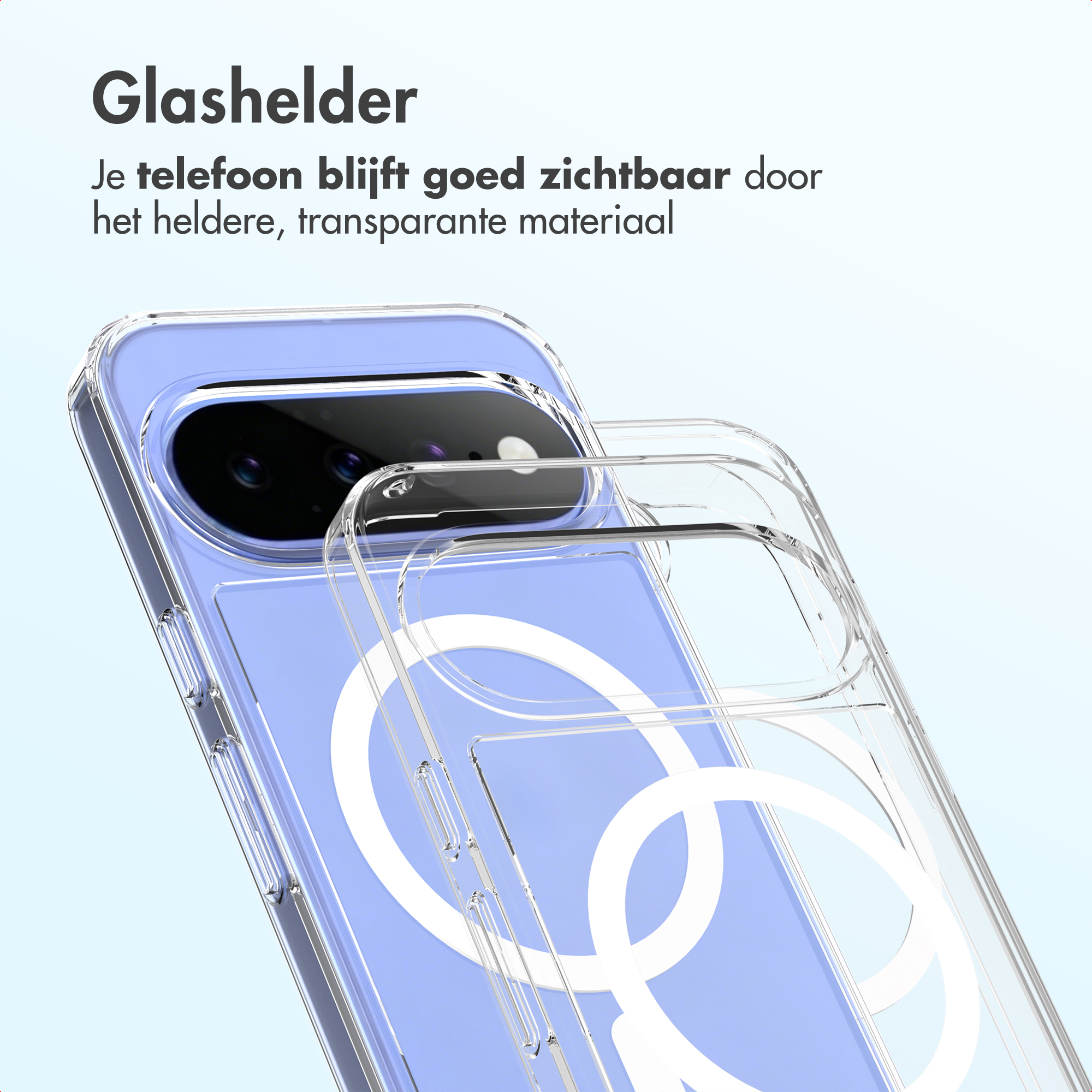 Custodia trasparente per telefono con retro blu e fotocamere.