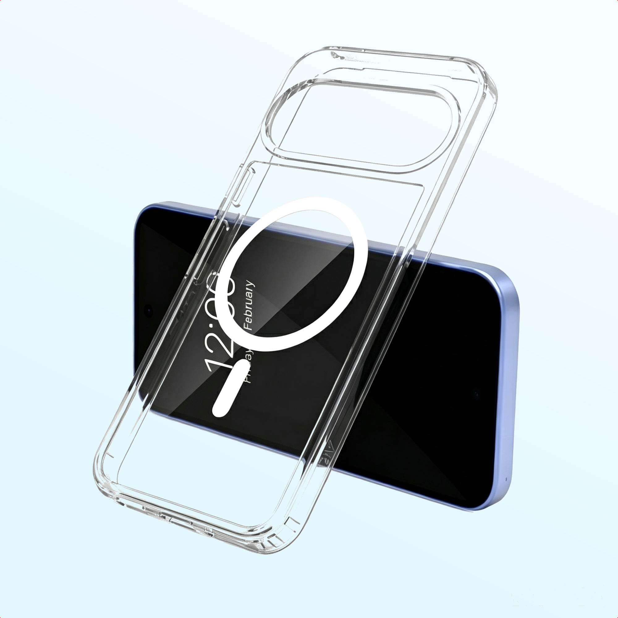 Custodia trasparente su smartphone blu con anello MagSafe.