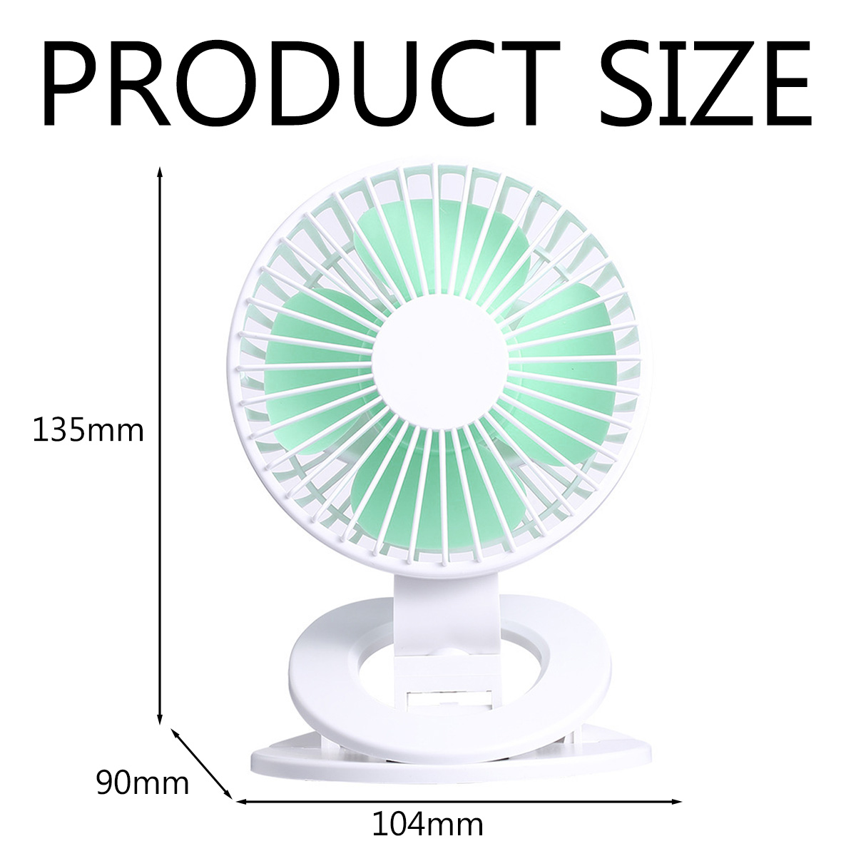 Kleiner weißer Ventilator mit grünen Flügeln, Maße 135x90x104mm.