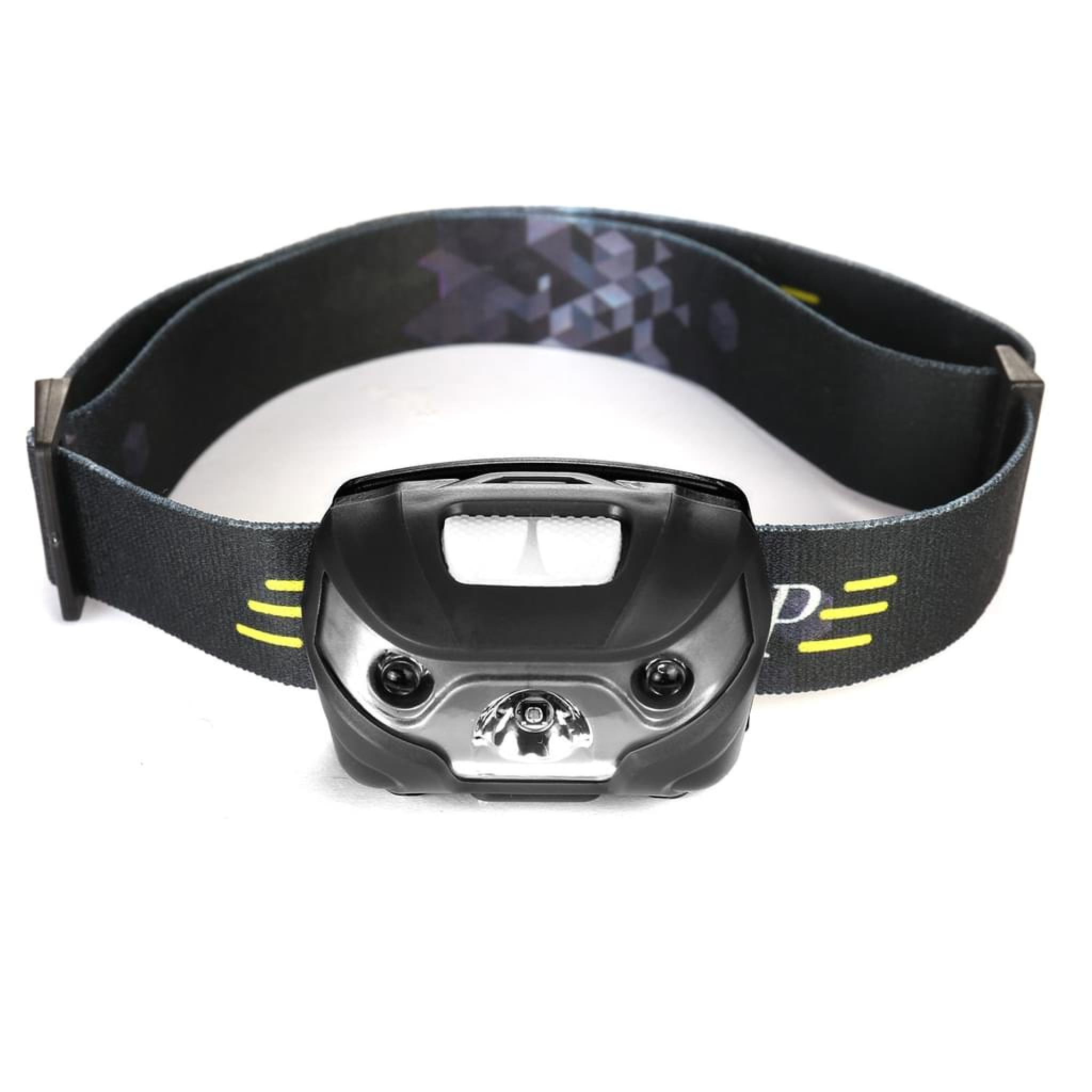 Schwarzer Stirnlampe mit verstellbarem Band und gelben Markierungen.