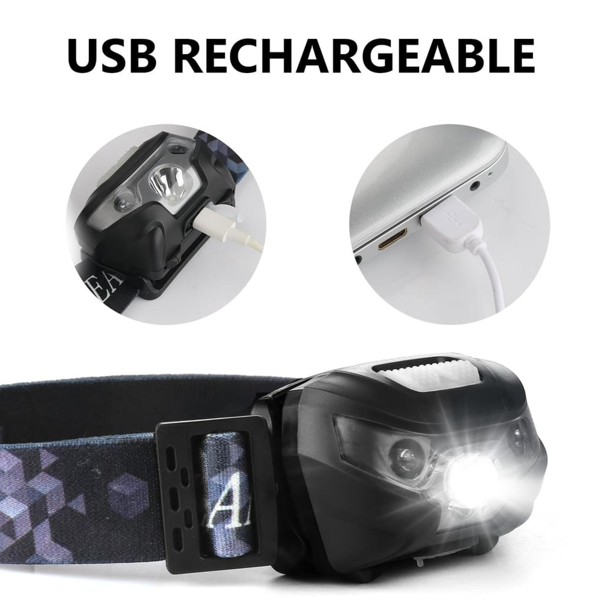 USB-wiederaufladbare Stirnlampe wird an einen Laptop angeschlossen.