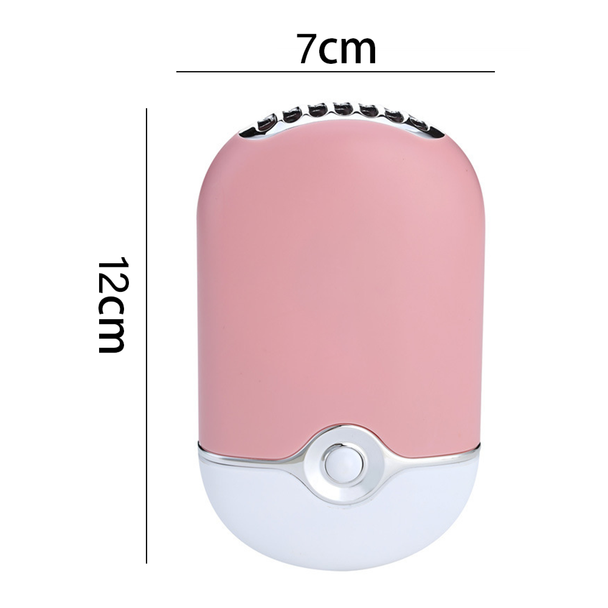 Ein kleiner, rosafarbener Handventilator mit weißem Sockel und silbernen Akzenten.