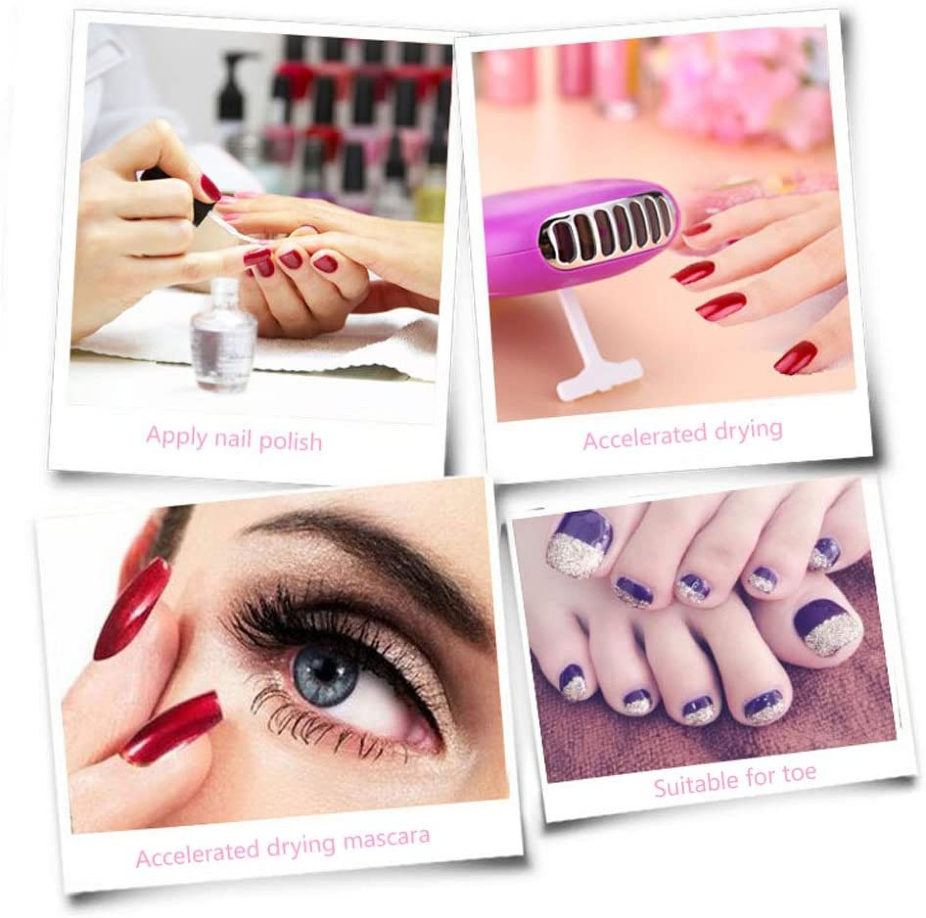 Hände mit roten Nägeln, ein Auge und Zehen mit lila und glitzerndem Nagellack.