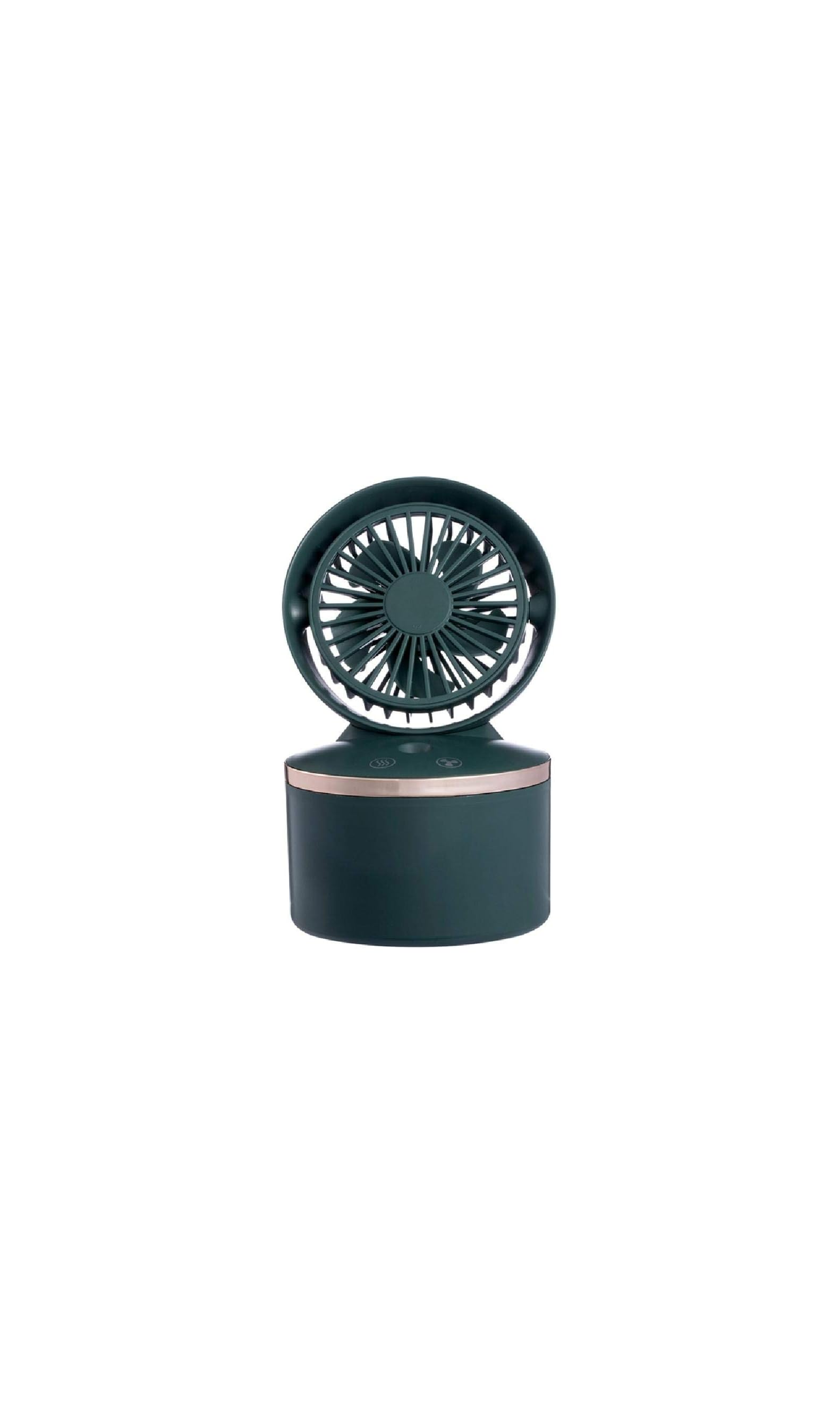Ein kleiner, dunkelgrüner Tischventilator mit goldenem Ring auf einem runden Sockel.