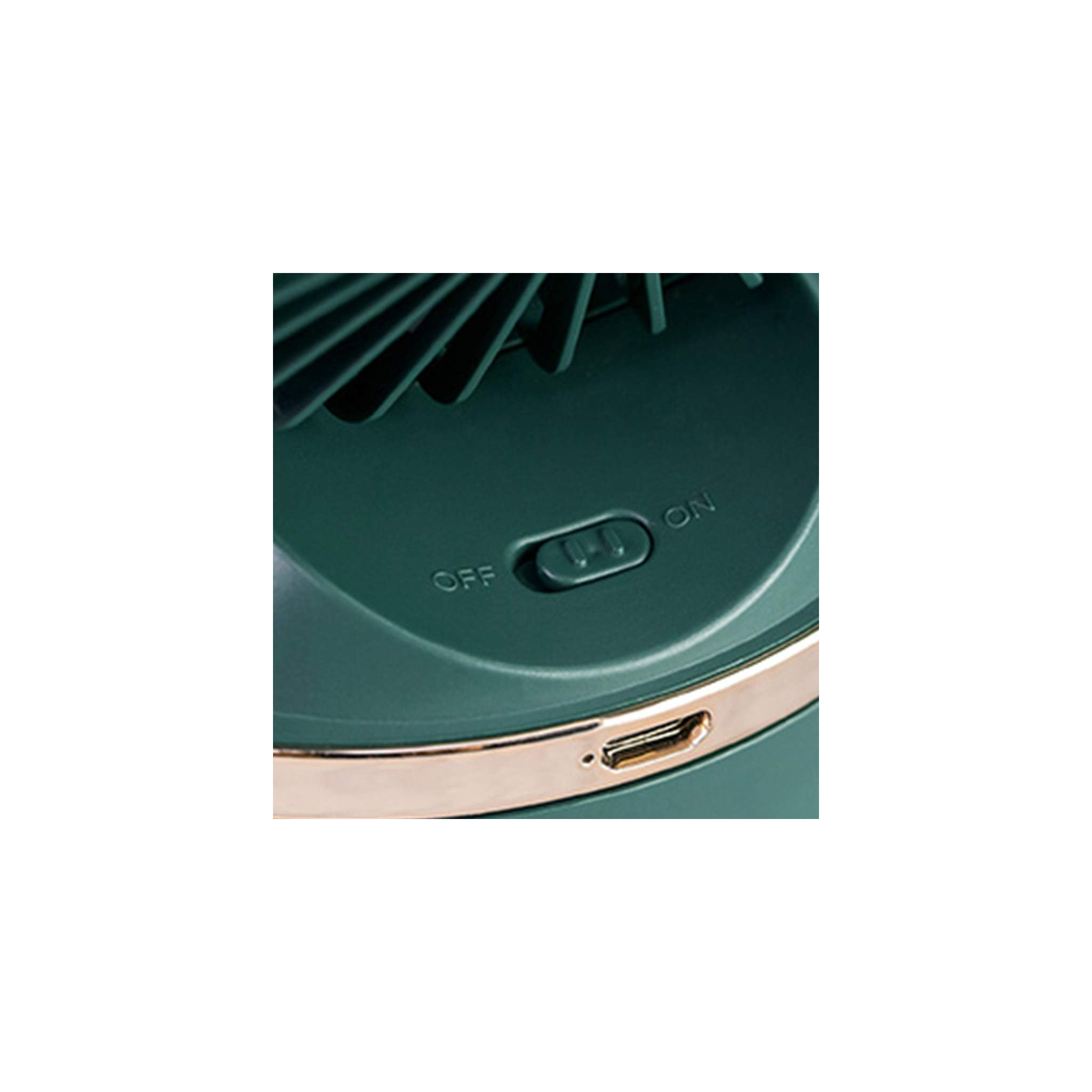 Ein grüner Ventilator mit Ein/Aus-Schalter und USB-Anschluss.