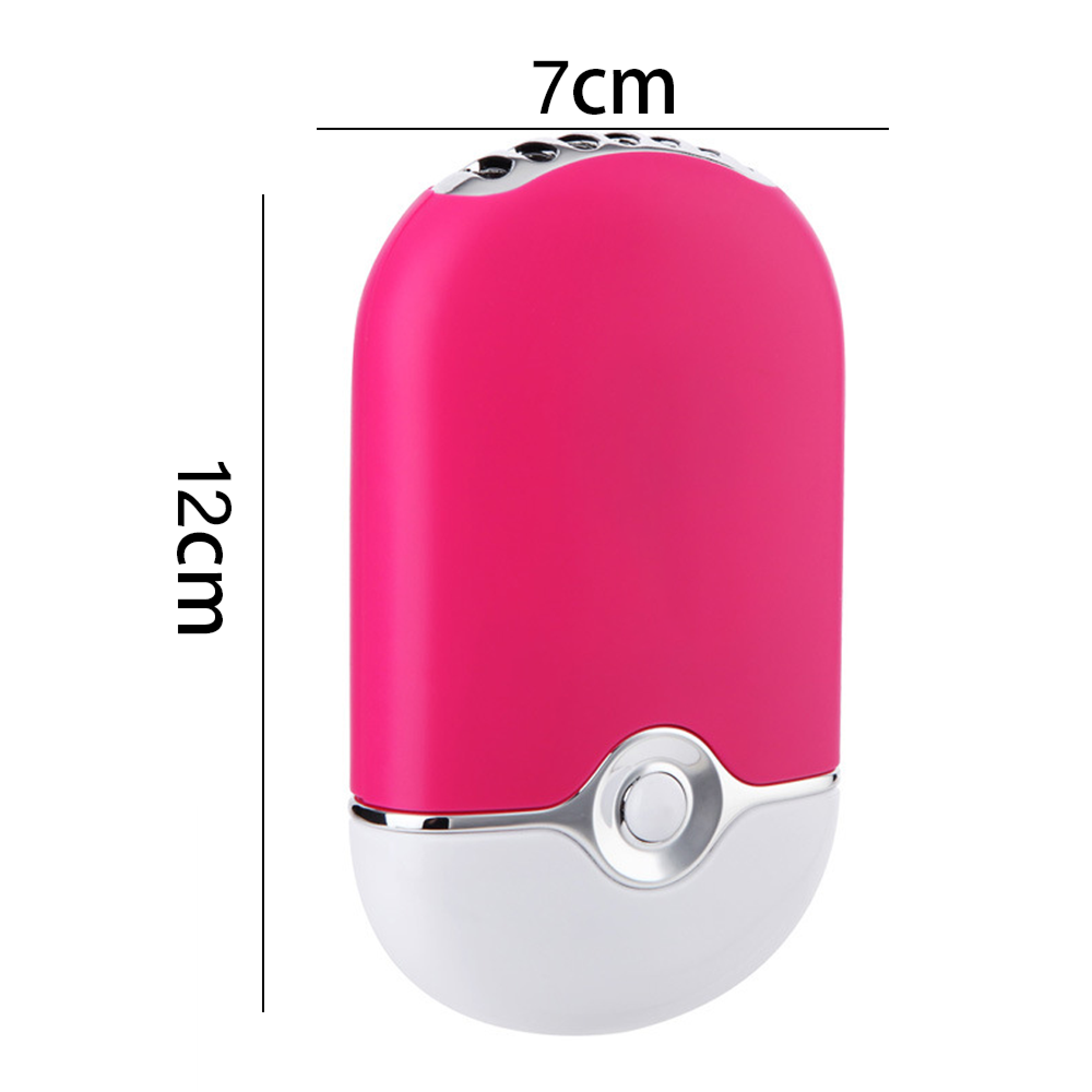 Ein pinker Handventilator mit weißen und silbernen Akzenten, 12 cm hoch.
