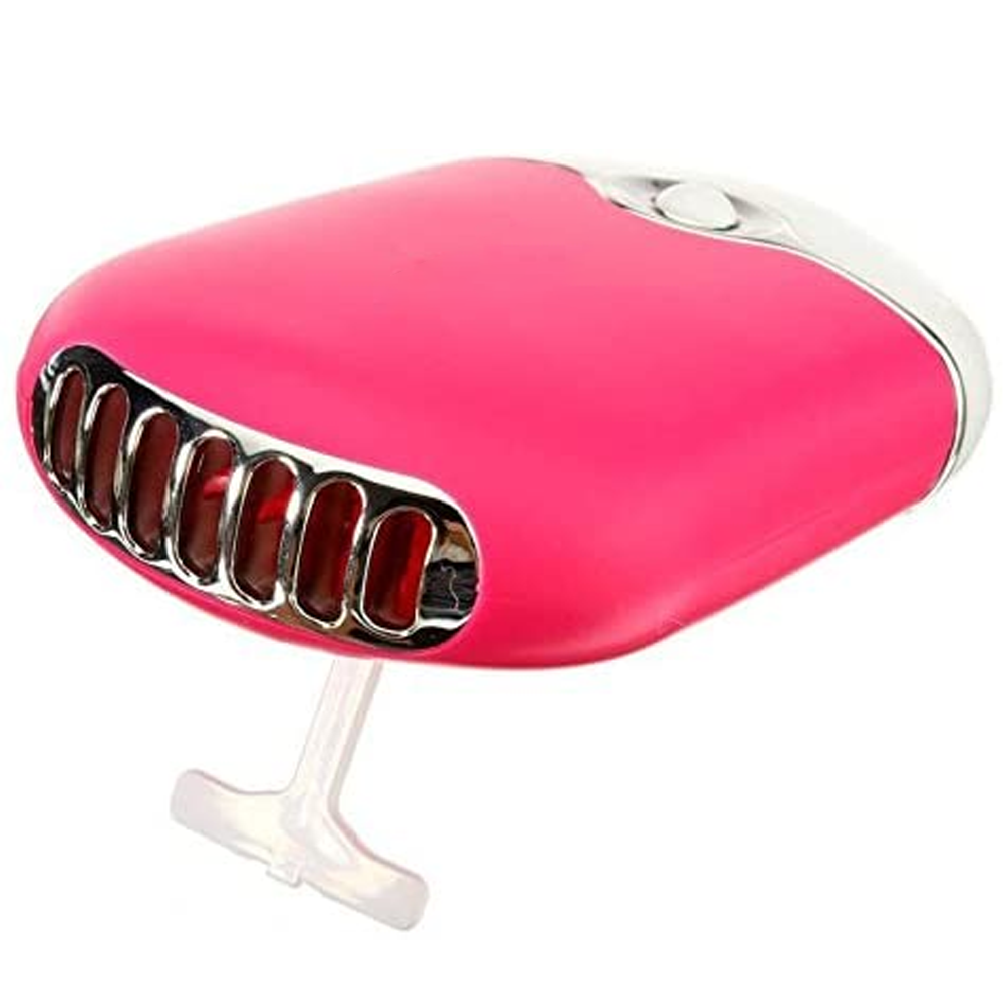 Ein pinker Handventilator mit silbernen Akzenten und Lüftungsschlitzen.