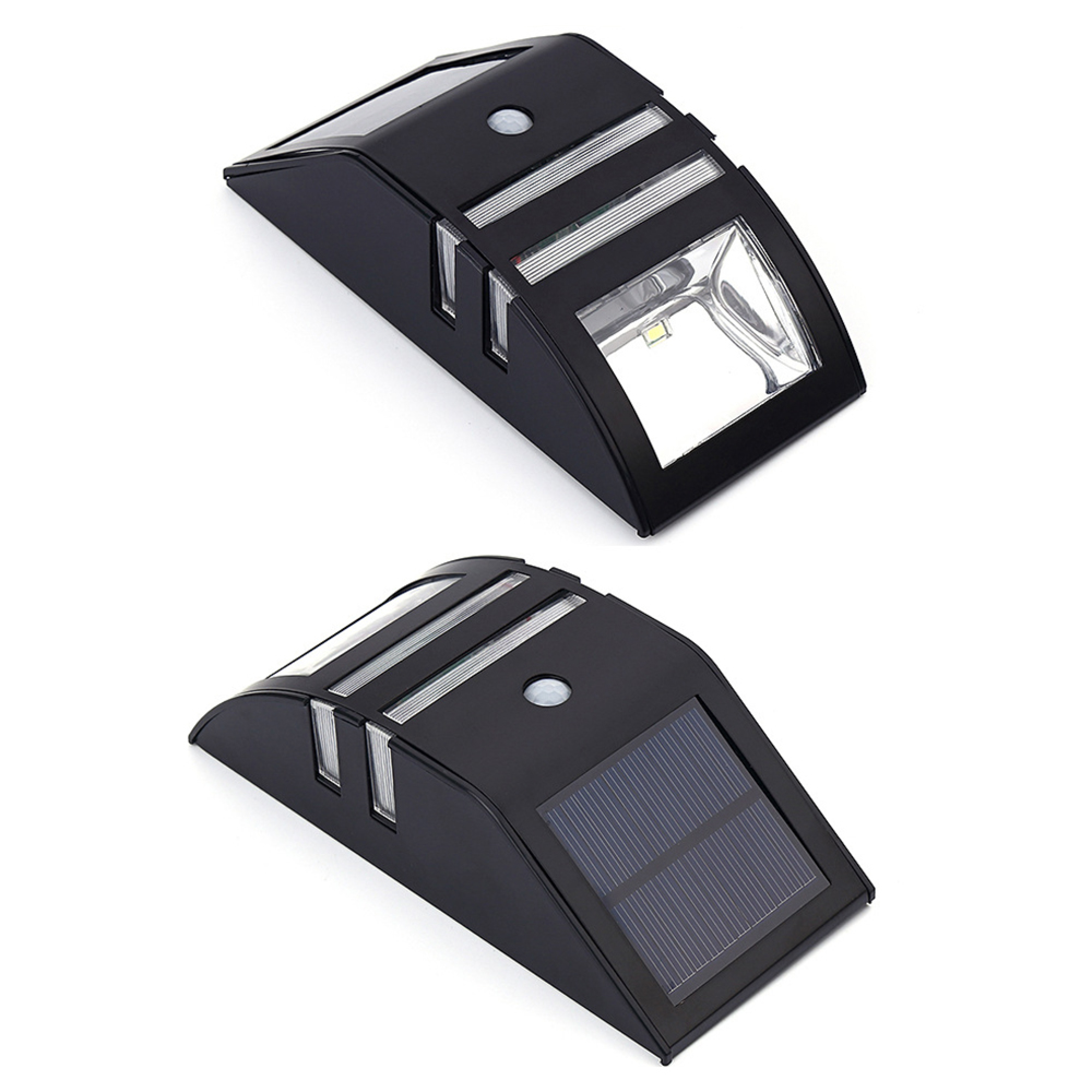 Zwei schwarze Solarleuchten mit Bewegungsmelder und LED-Licht.