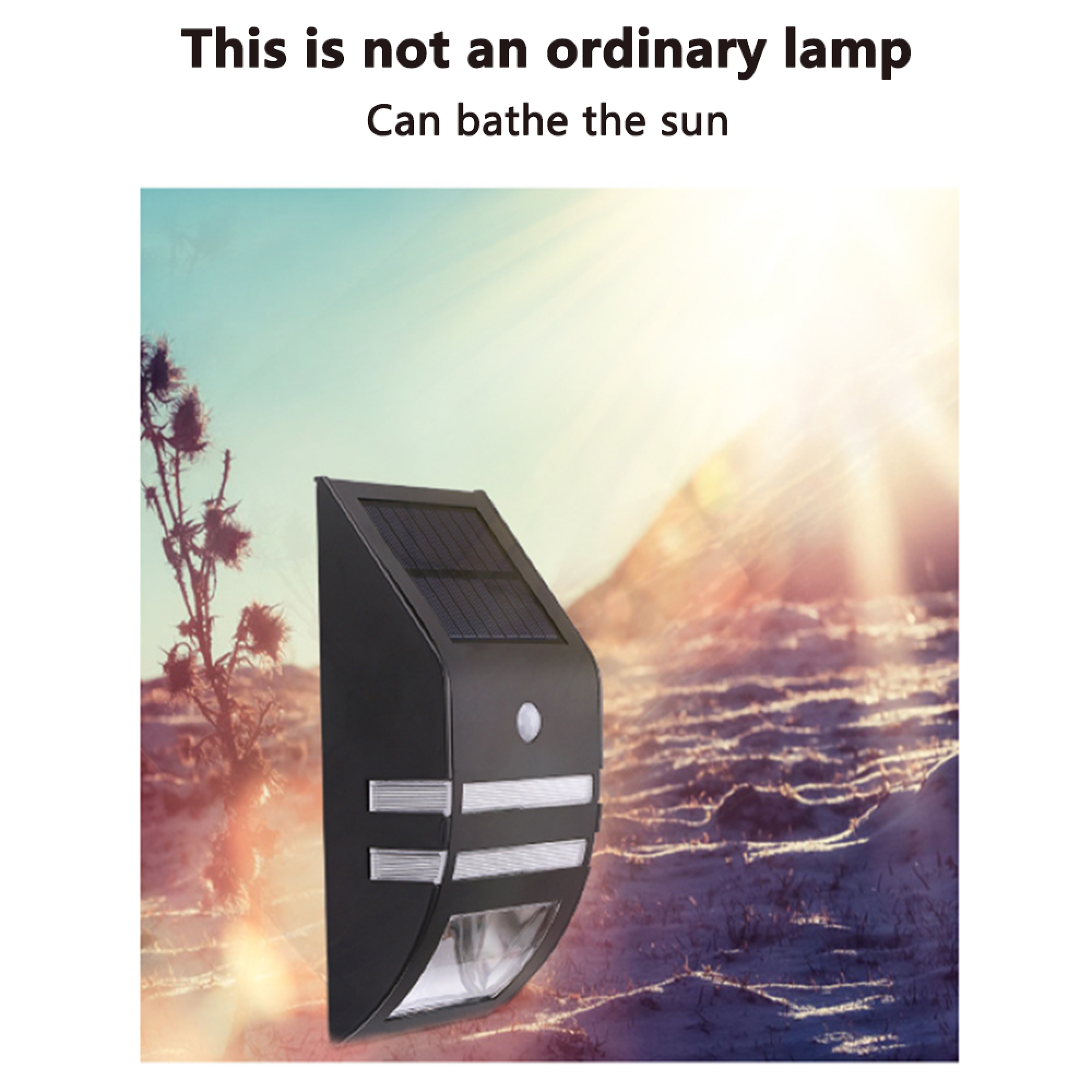 Ein schwarzer Solarlampen-Wandleuchter mit Solarpanel steht im Freien.