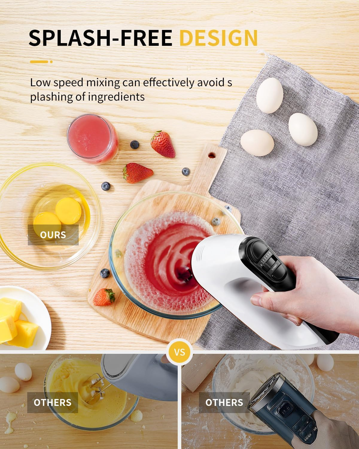 Handmixer in Aktion mit Zutaten. Vergleich von spritzfreiem vs. unordentlichem Mischen.